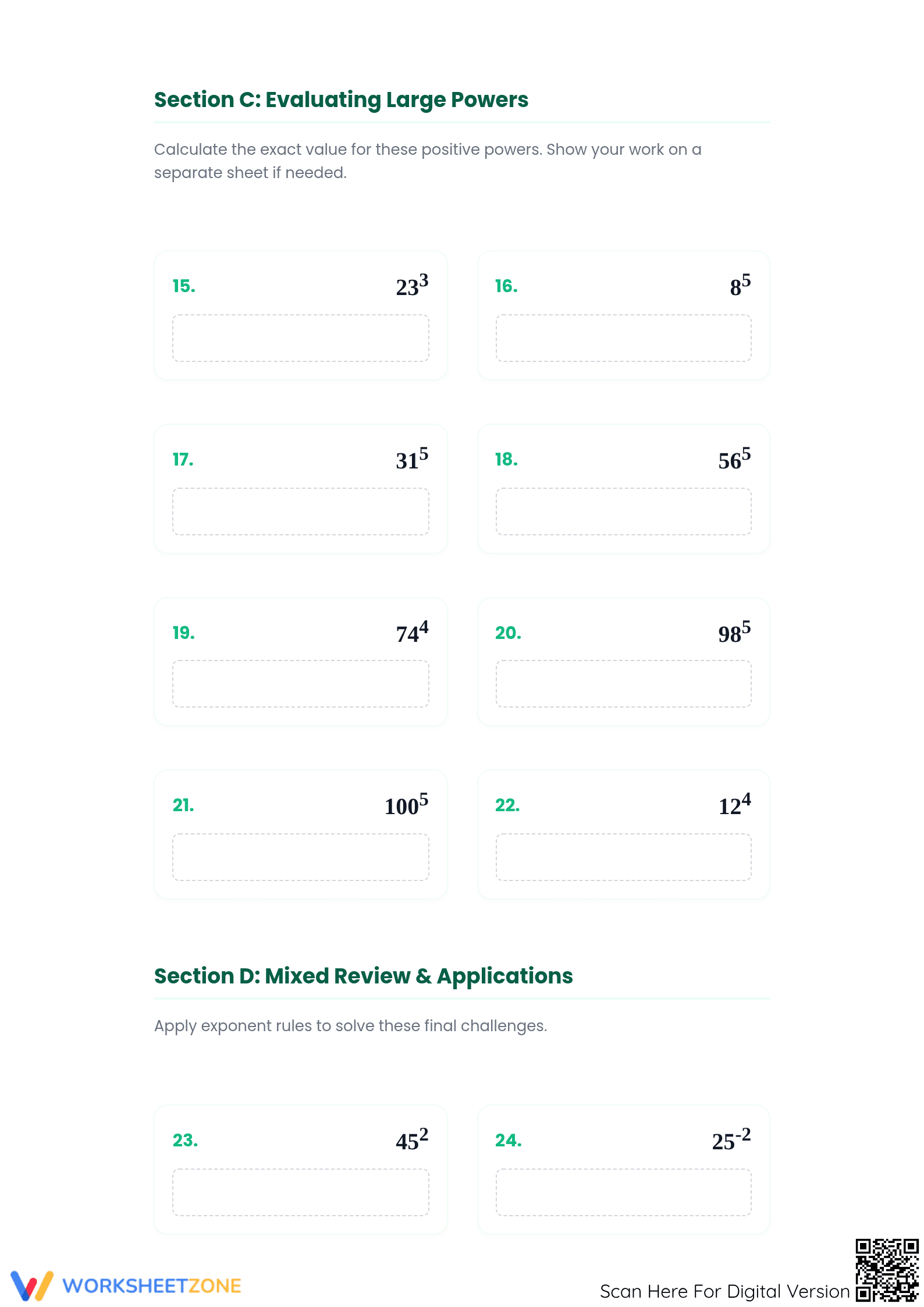 Essential Simplifying Exponents Worksheet | Grade 6-8 Math - Page 3