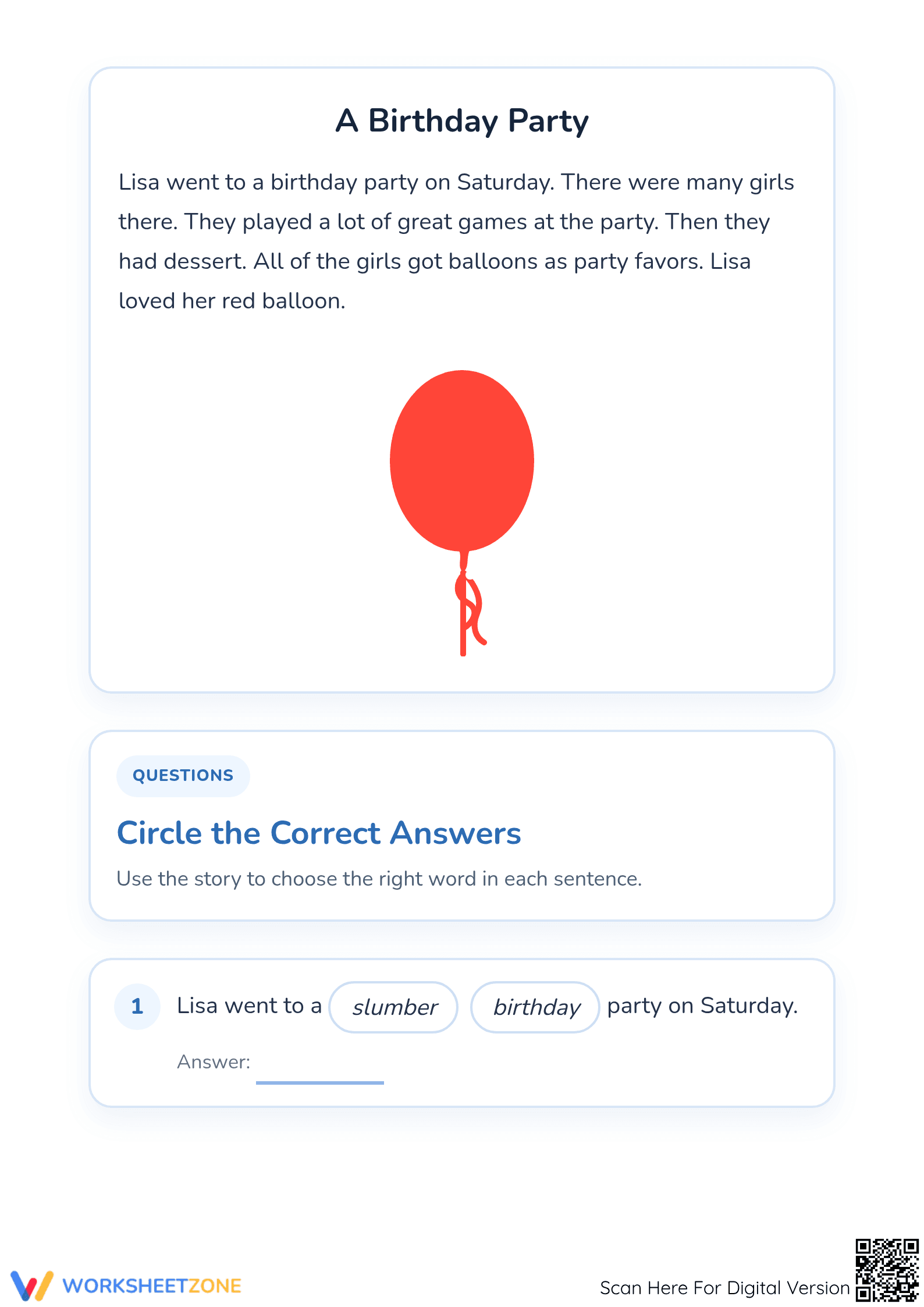 Printable Kindergarten ELA: Birthday Party Reading Worksheet - Page 2