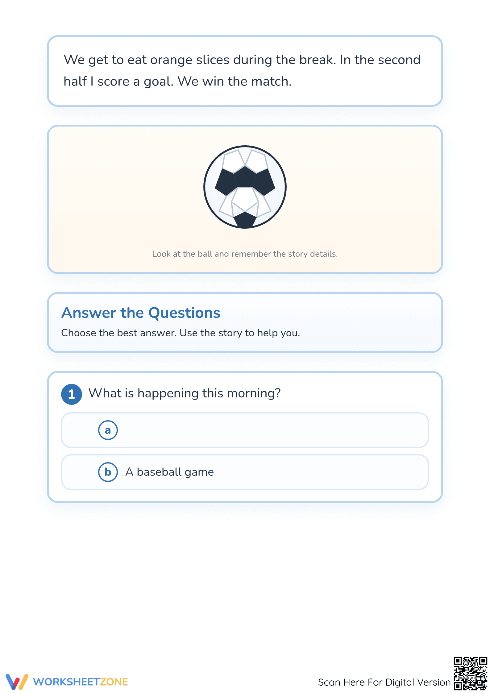 Printable Soccer Game Reading Worksheet | Kindergarten - Page 2
