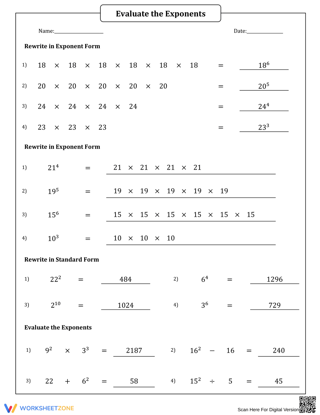 Evaluating and Writing Exponents Practice Worksheet - Page 2