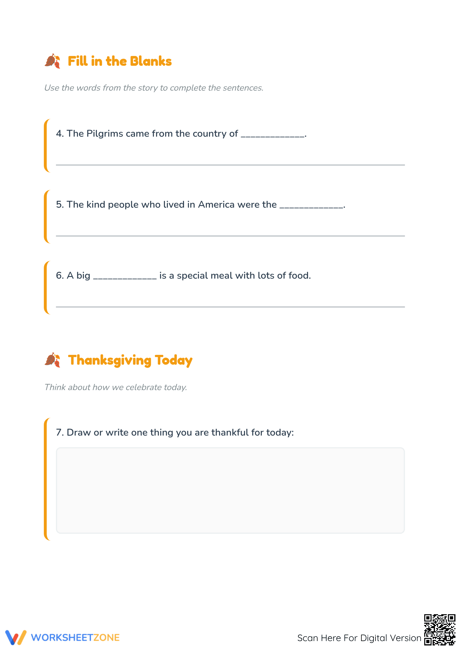 Essential Thanksgiving History Reading Worksheet — Grade 1 - Page 3