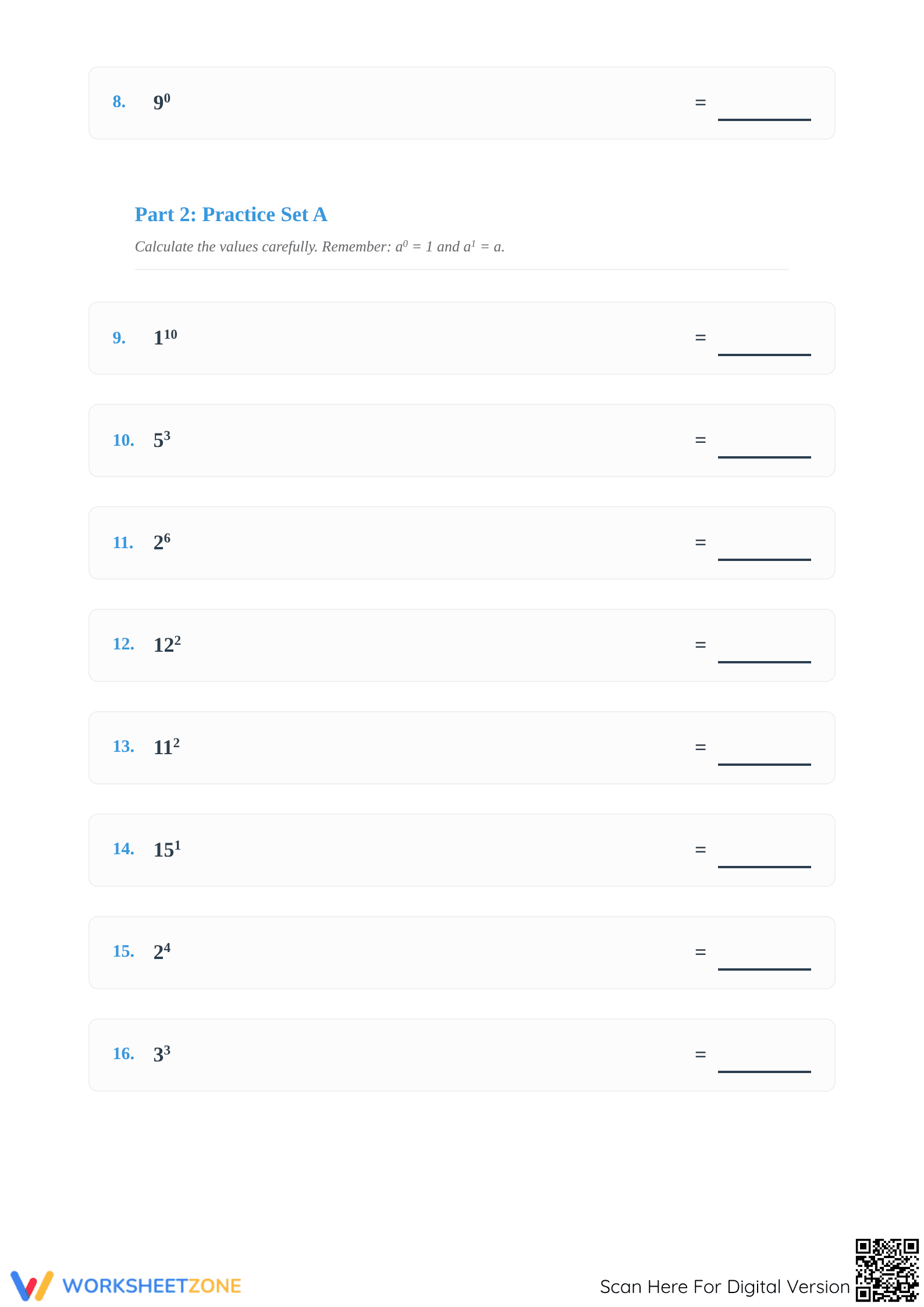 Printable Evaluate the Exponents Worksheet | Grades 6-8 Math - Page 2