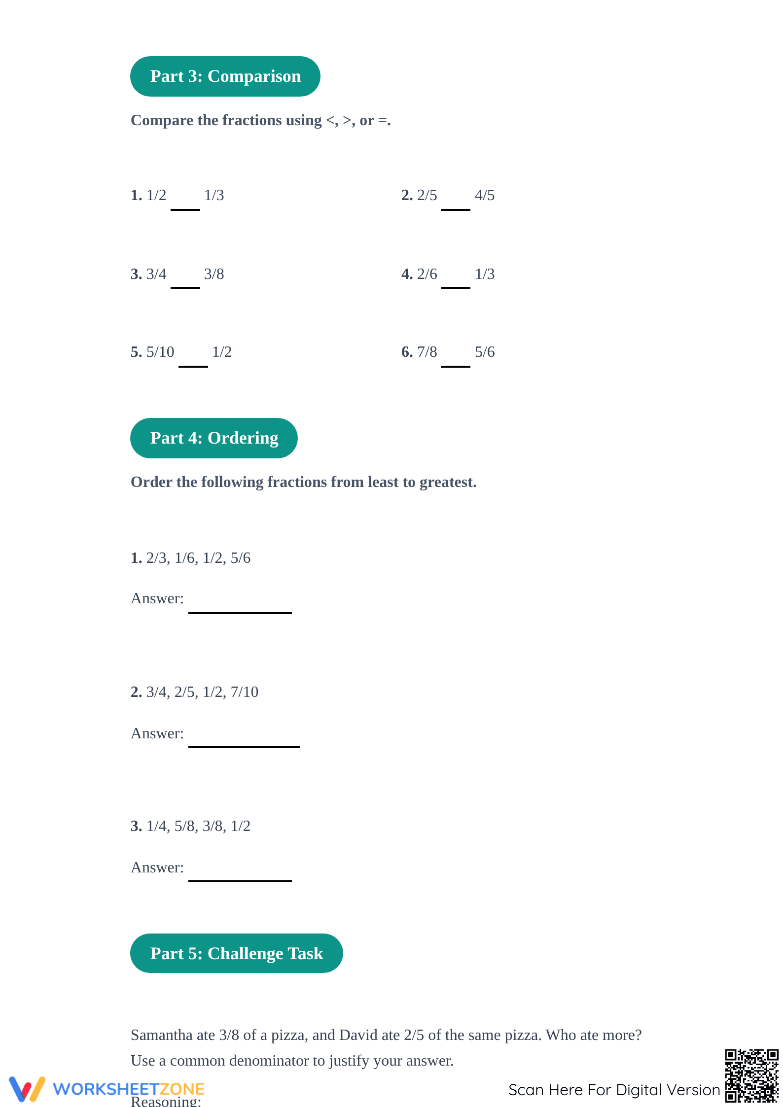 Printable Ordering Fractions on a Number Line | Grade 4 Math - Page 2