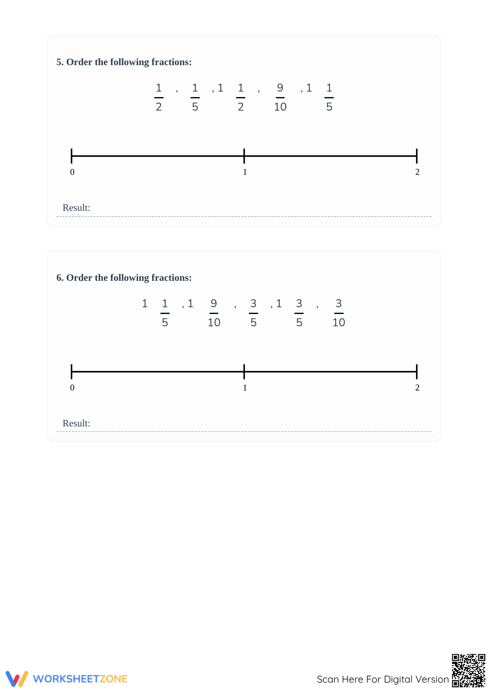 Printable Ordering Fractions on a Number Line Worksheet - Page 2
