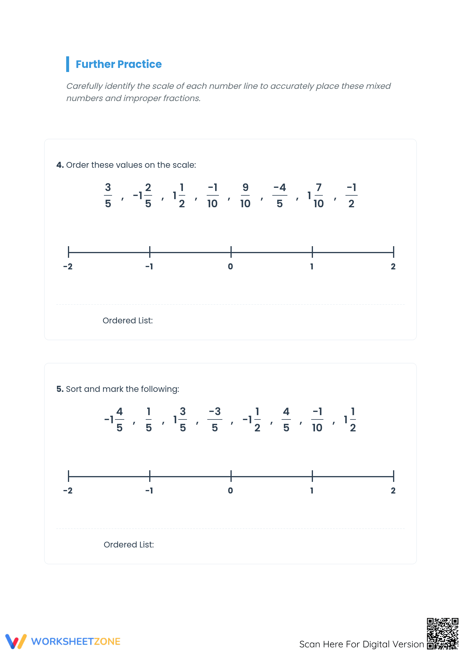 Printable Ordering Fractions on a Number Line Worksheet - Page 3