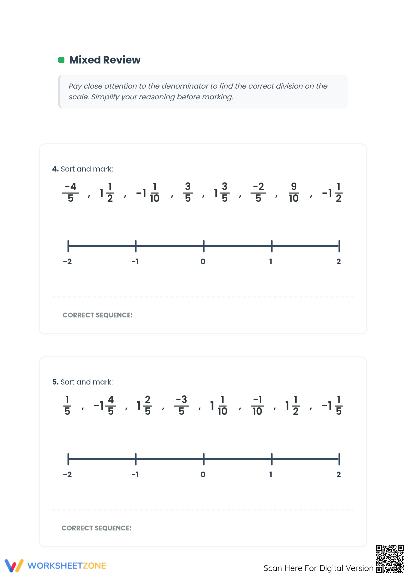 Printable Ordering Fractions on a Number Line Worksheet - Page 3