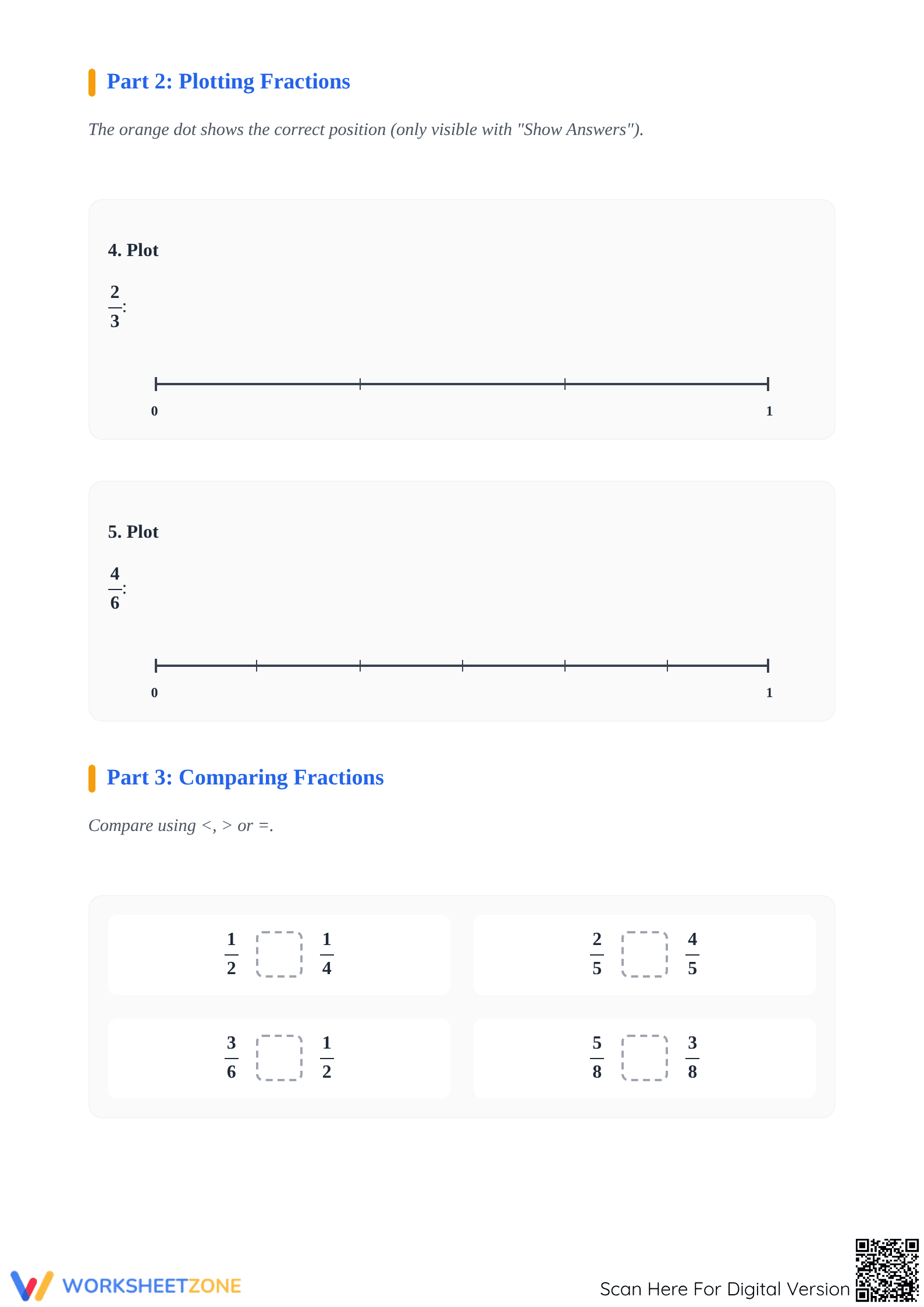 Printable Ordering Fractions on a Number Line Worksheet - Page 2