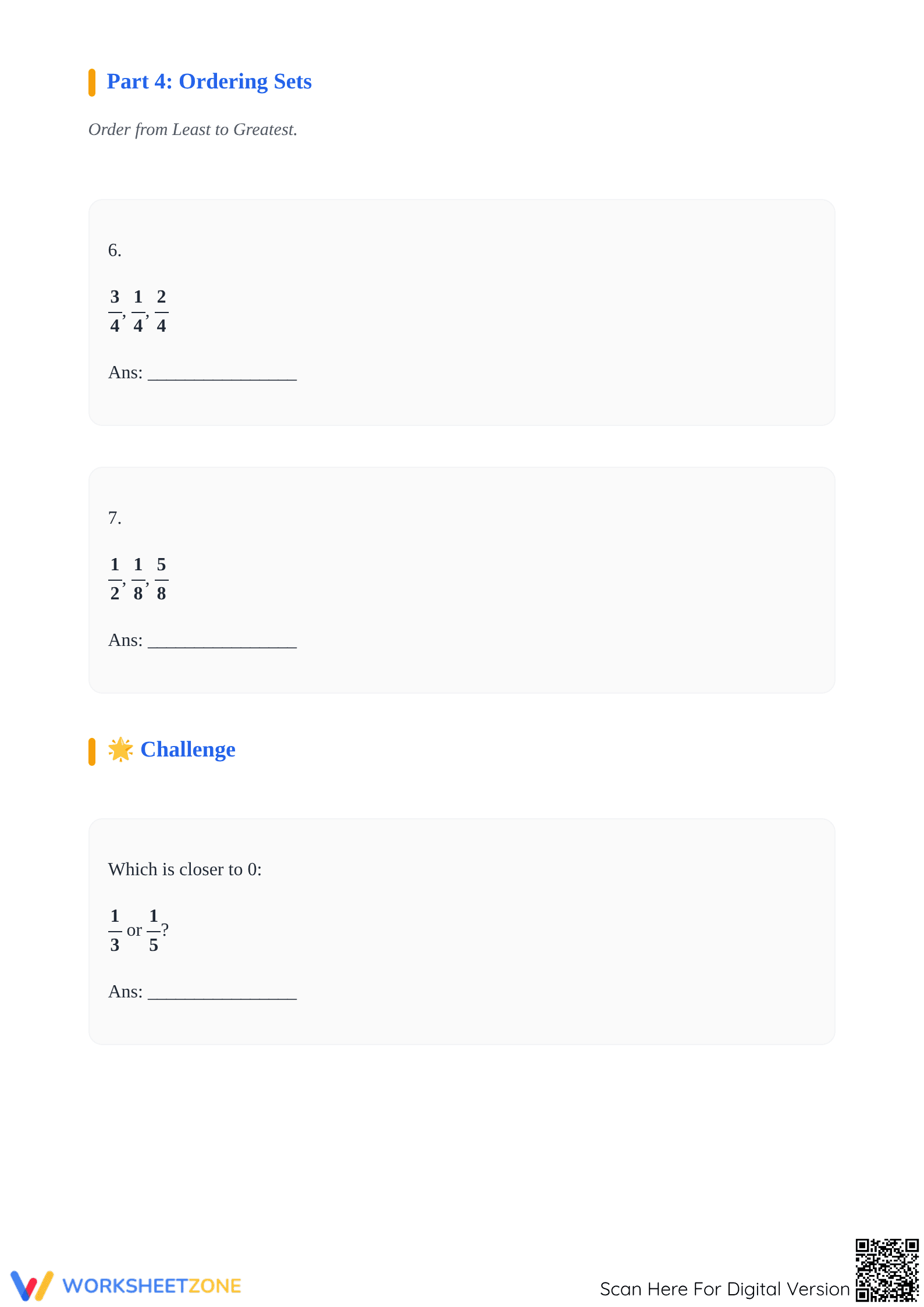 Printable Ordering Fractions on a Number Line Worksheet - Page 3