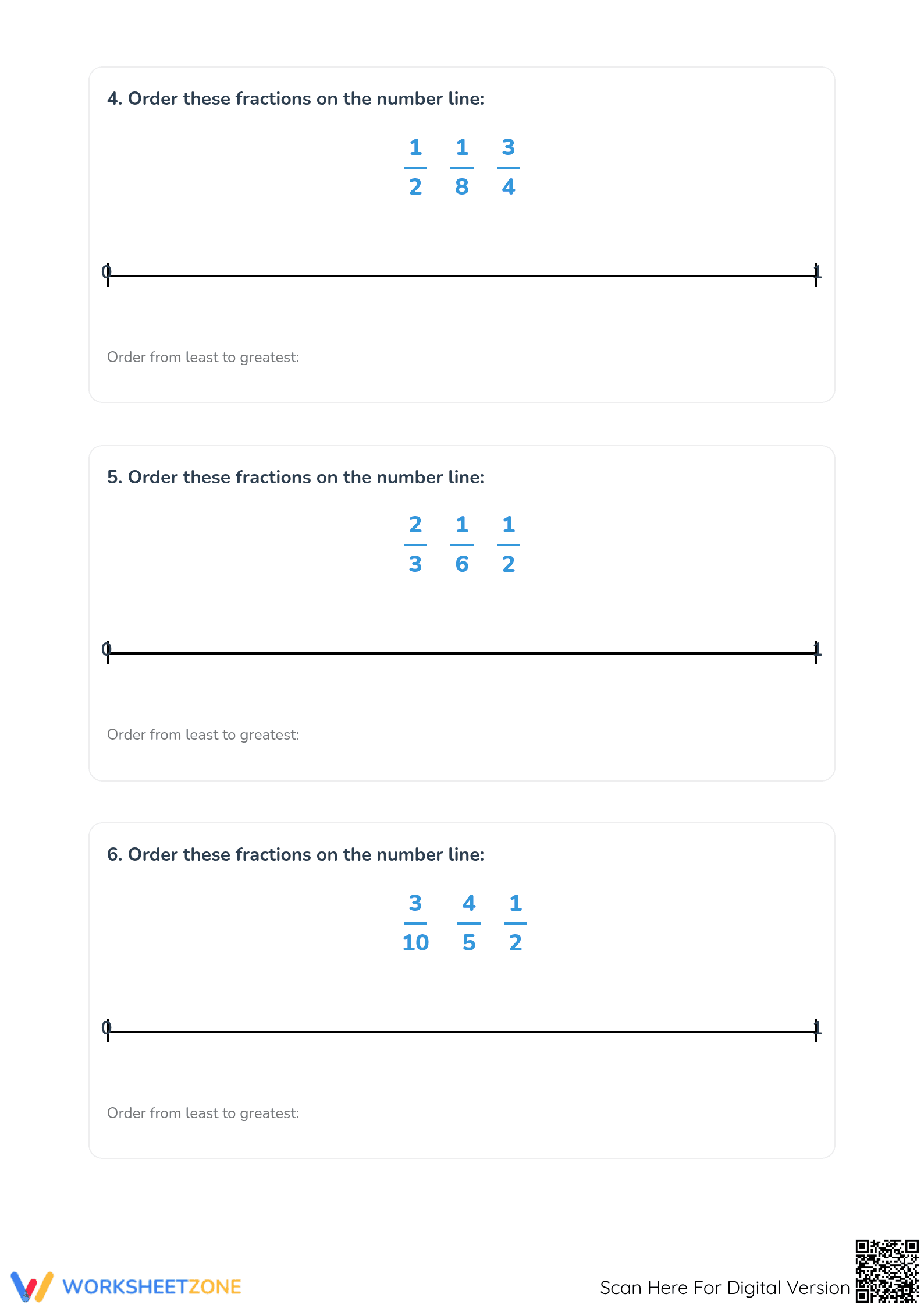 Essential Ordering Fractions on a Number Line Worksheet - Page 3