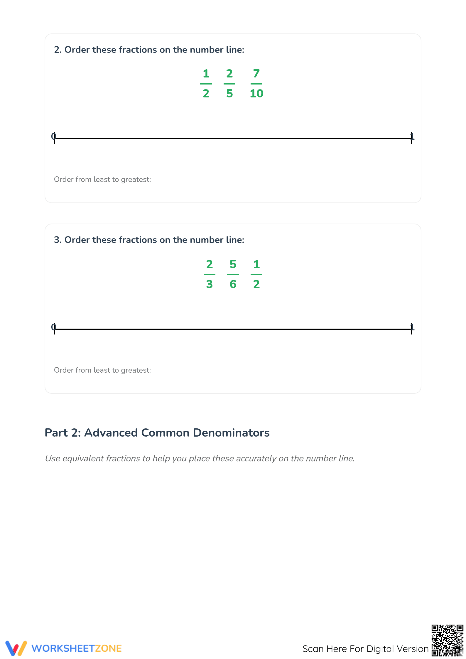 Printable Ordering Fractions on a Number Line Worksheet - Page 2