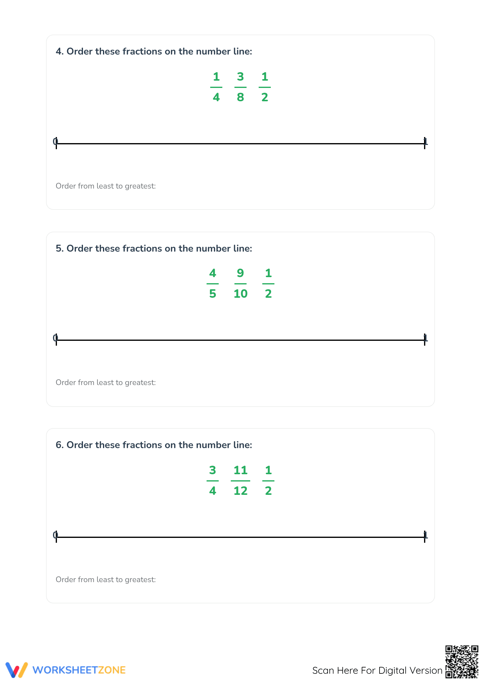 Printable Ordering Fractions on a Number Line Worksheet - Page 3