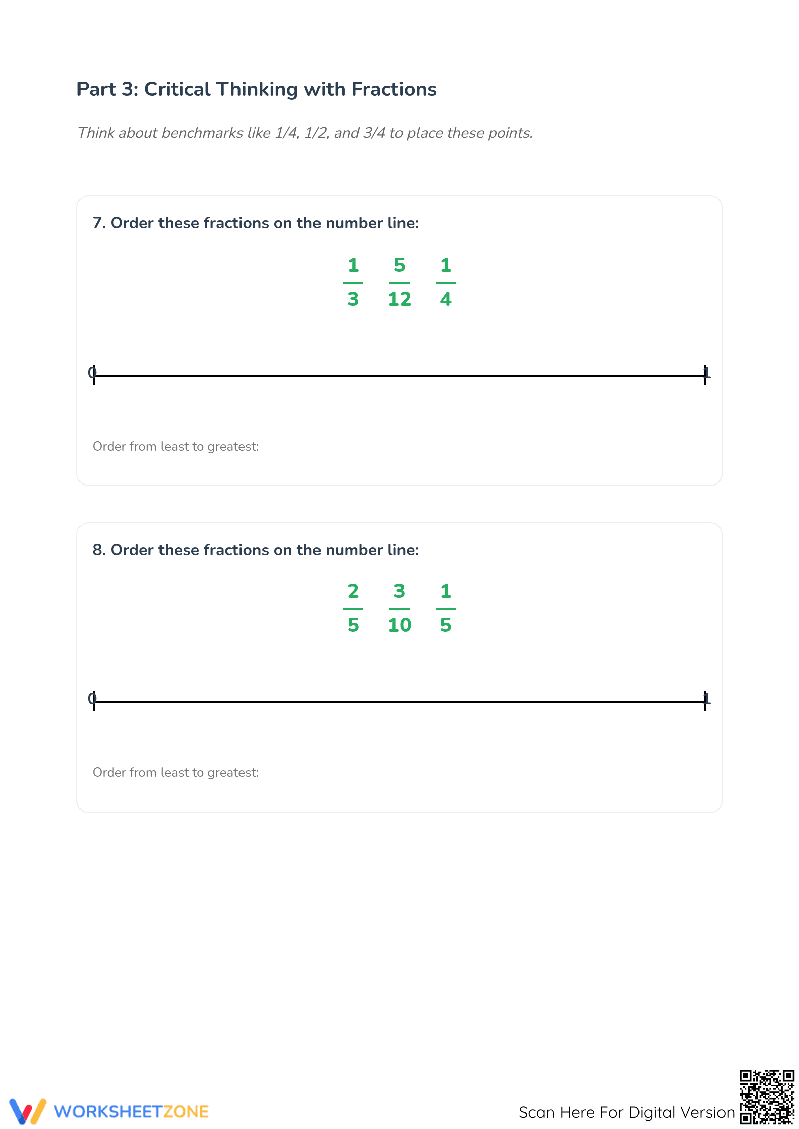 Printable Ordering Fractions on a Number Line Worksheet - Page 4