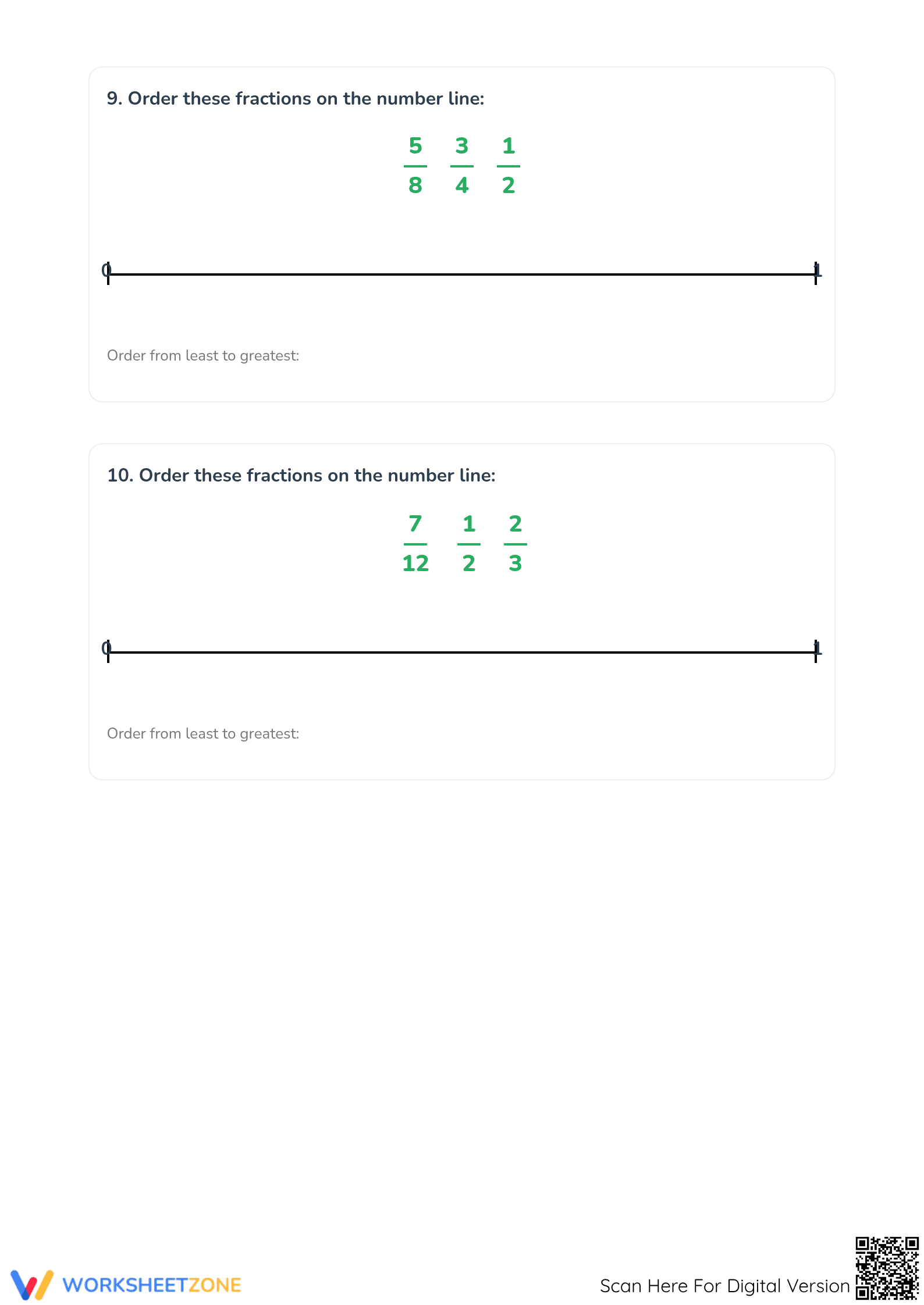 Printable Ordering Fractions on a Number Line Worksheet - Page 5