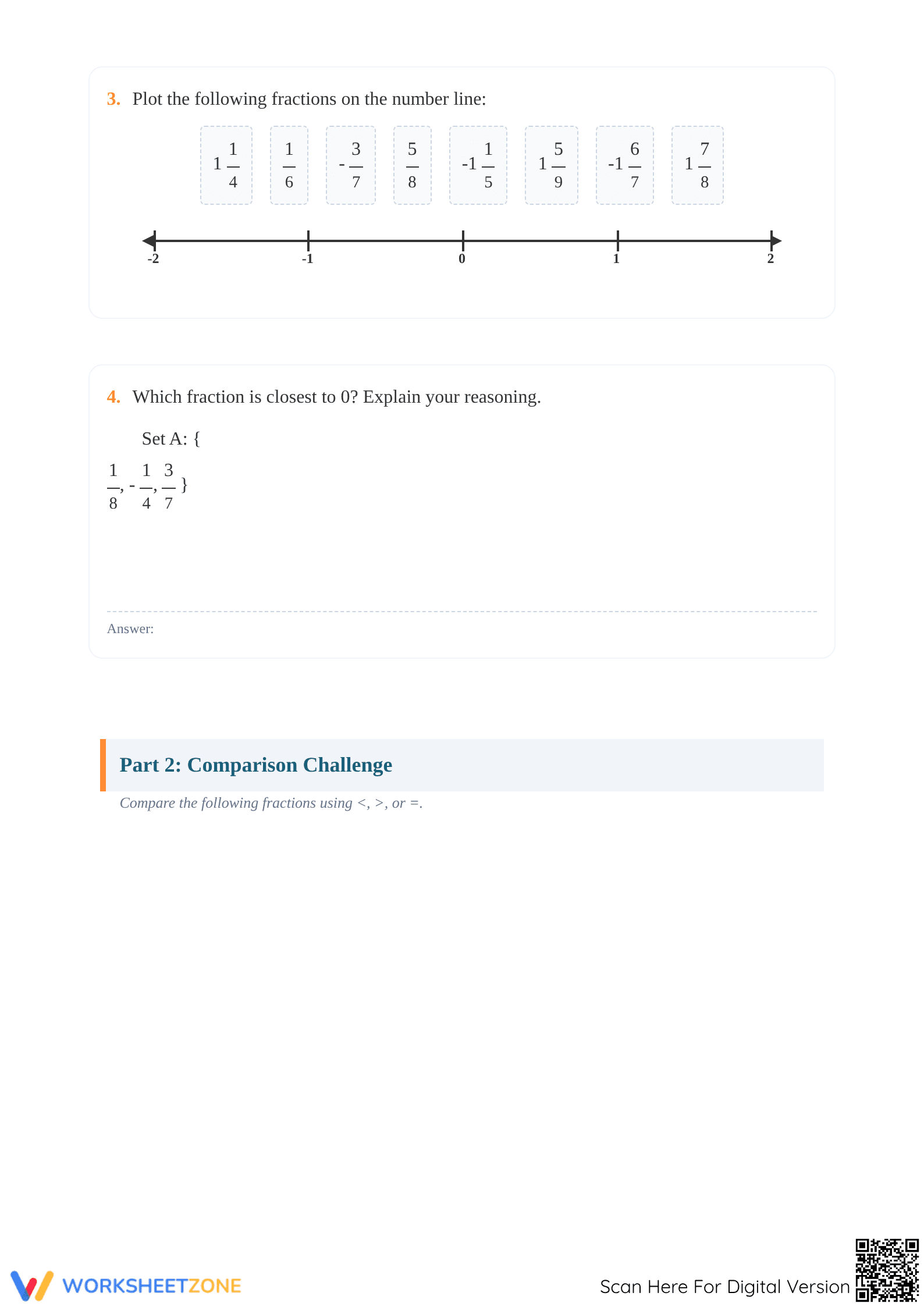 Printable Ordering Fractions on a Number Line Worksheet - Page 2