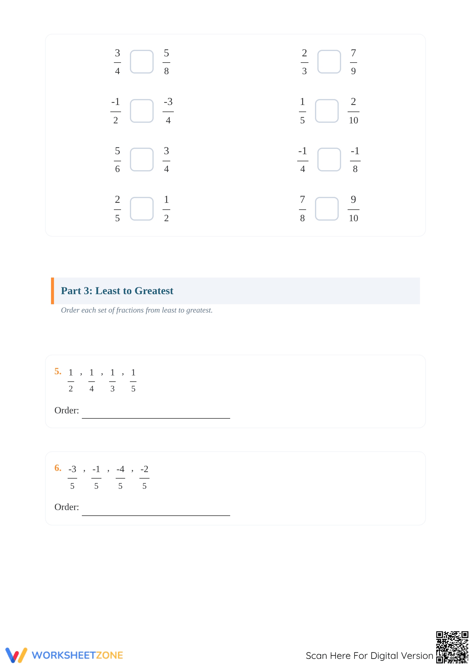 Printable Ordering Fractions on a Number Line Worksheet - Page 3