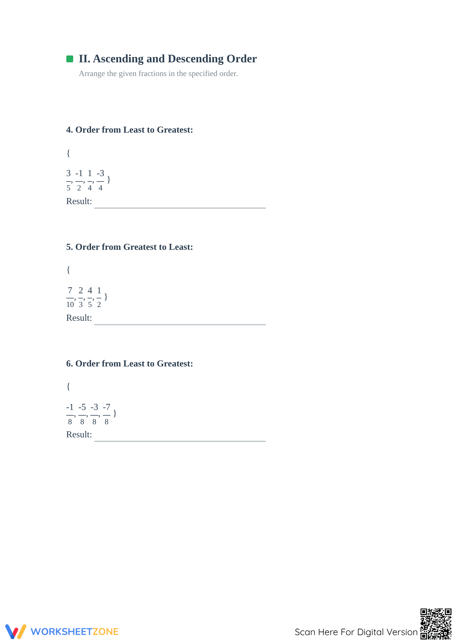Printable Ordering Fractions on a Number Line Worksheet - Page 2