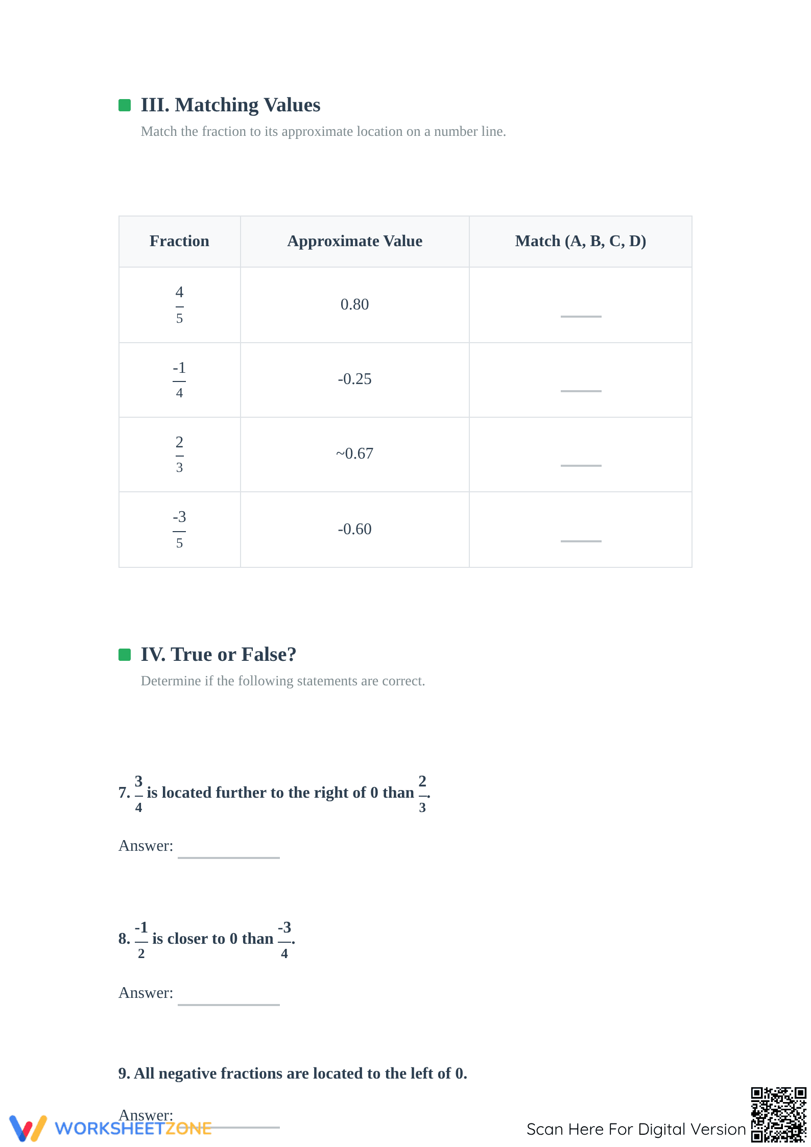 Printable Ordering Fractions on a Number Line Worksheet - Page 3