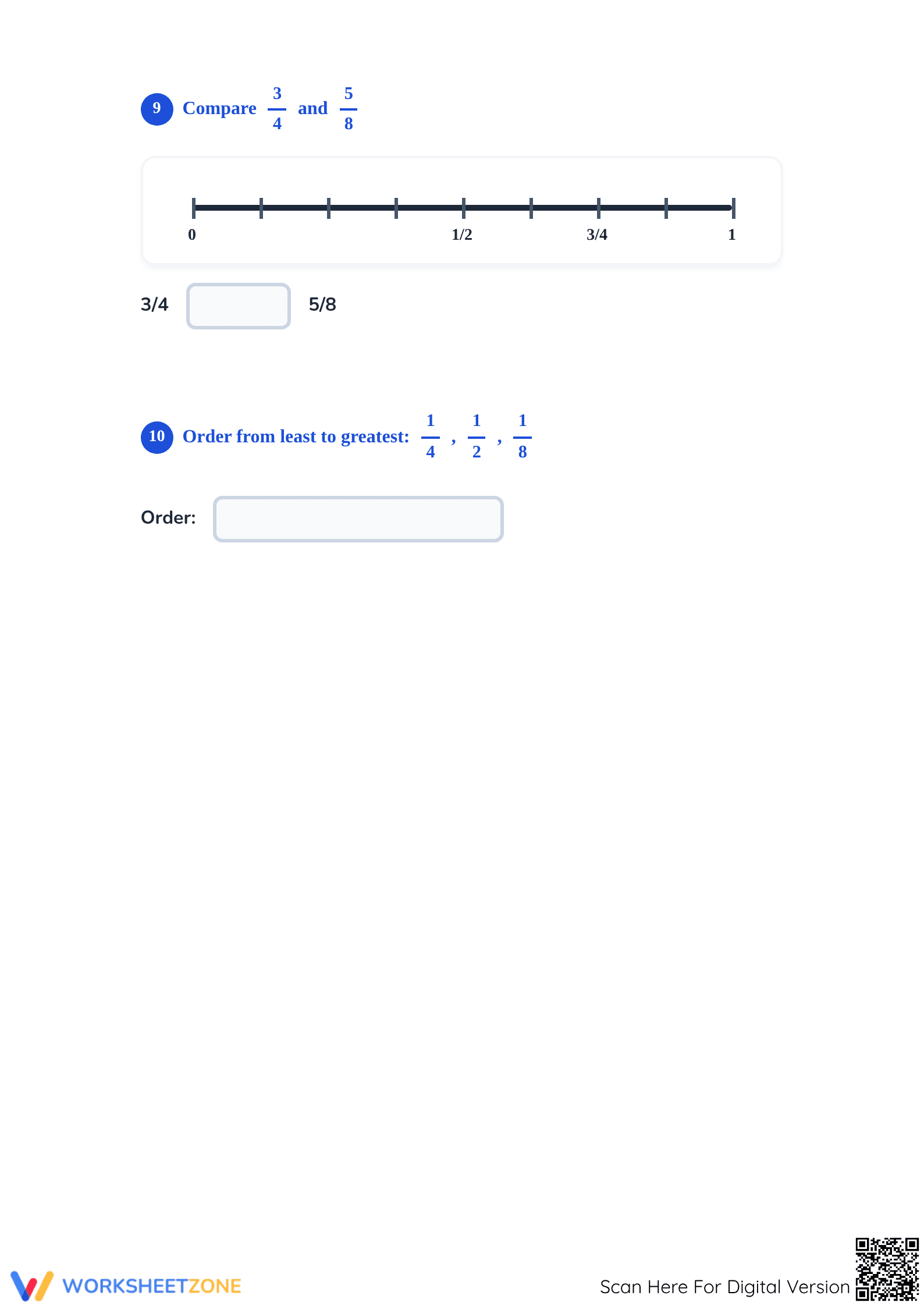 Printable Ordering Fractions on a Number Line Worksheet - Page 5