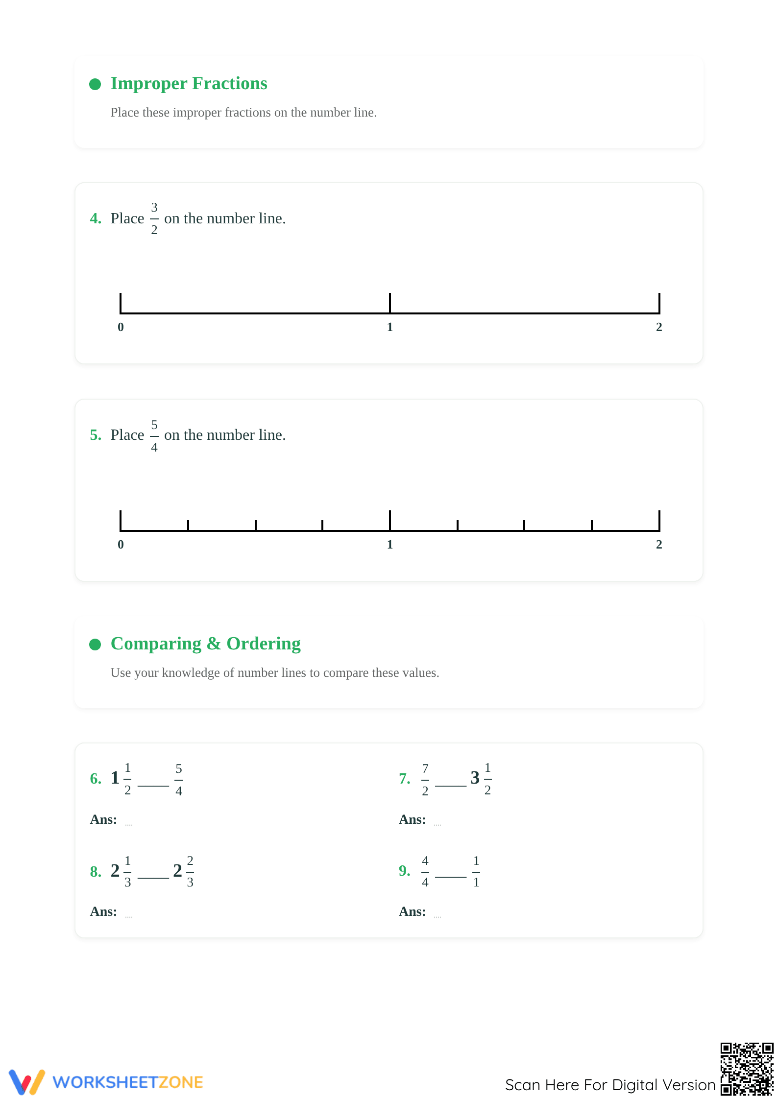 Printable Advanced Fractions on a Number Line Worksheet - Page 2