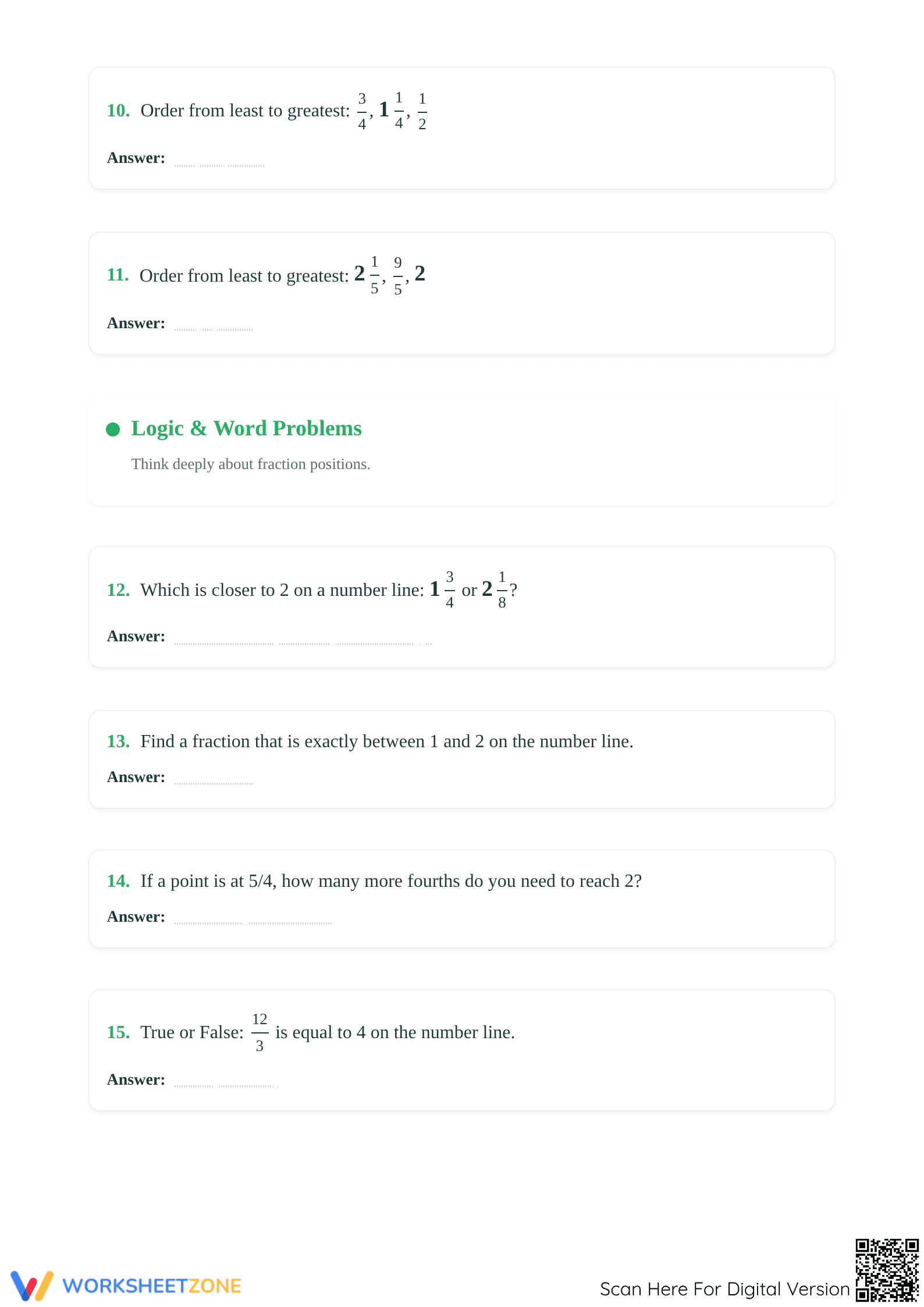 Printable Advanced Fractions on a Number Line Worksheet - Page 3