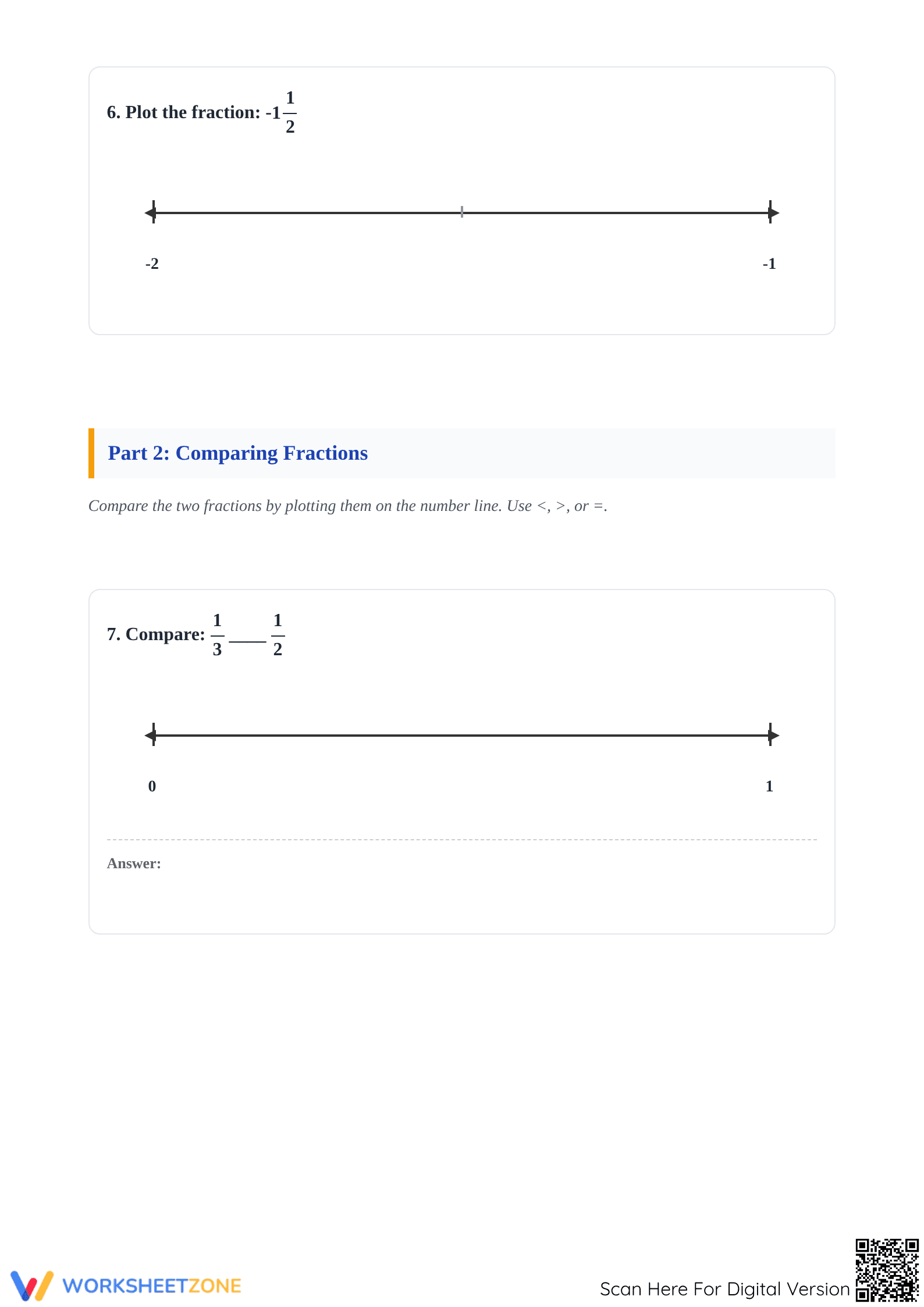 Printable Ordering Fractions on a Number Line Worksheet - Page 3