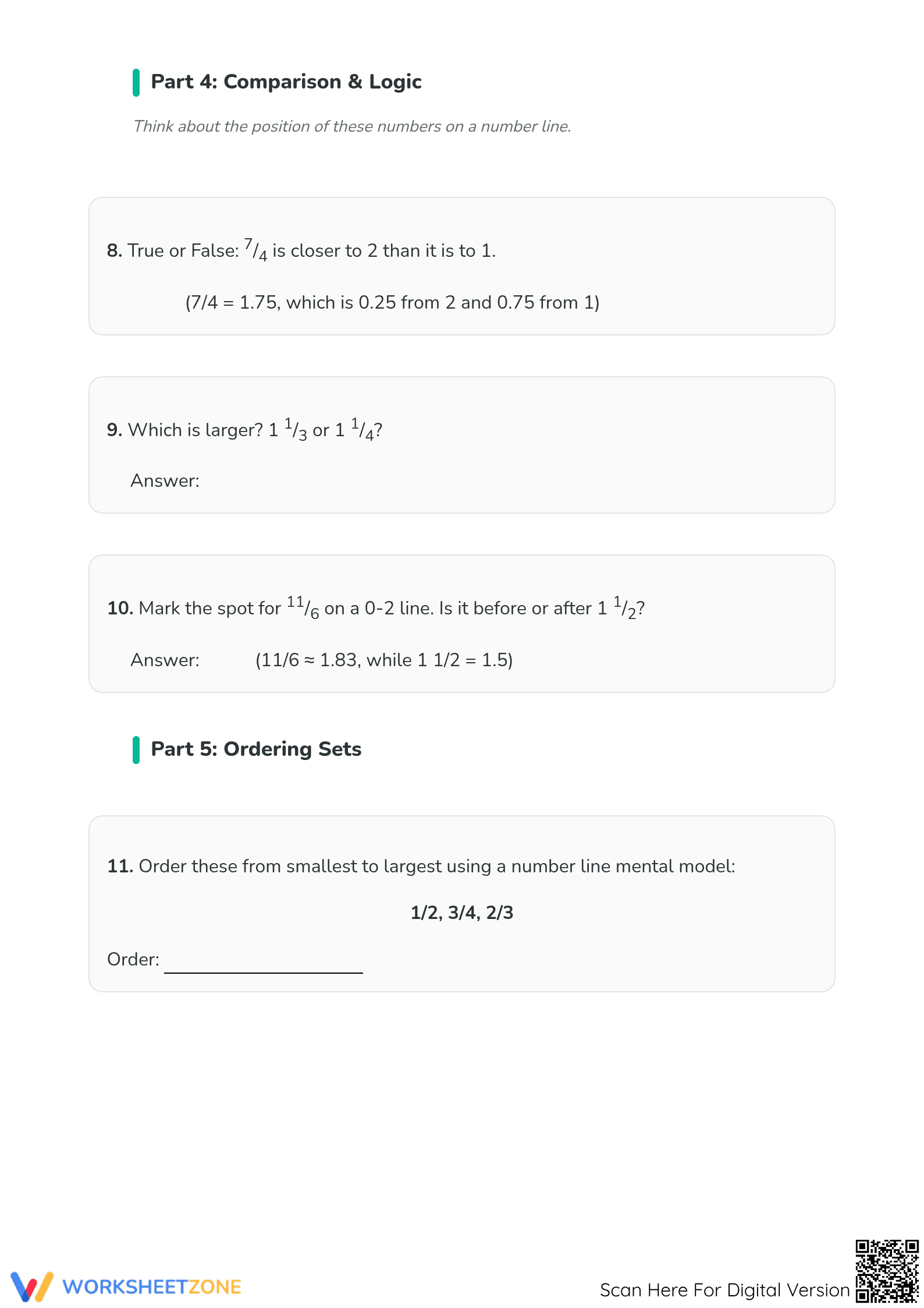 Printable Ordering Fractions on a Number Line Worksheet - Page 3