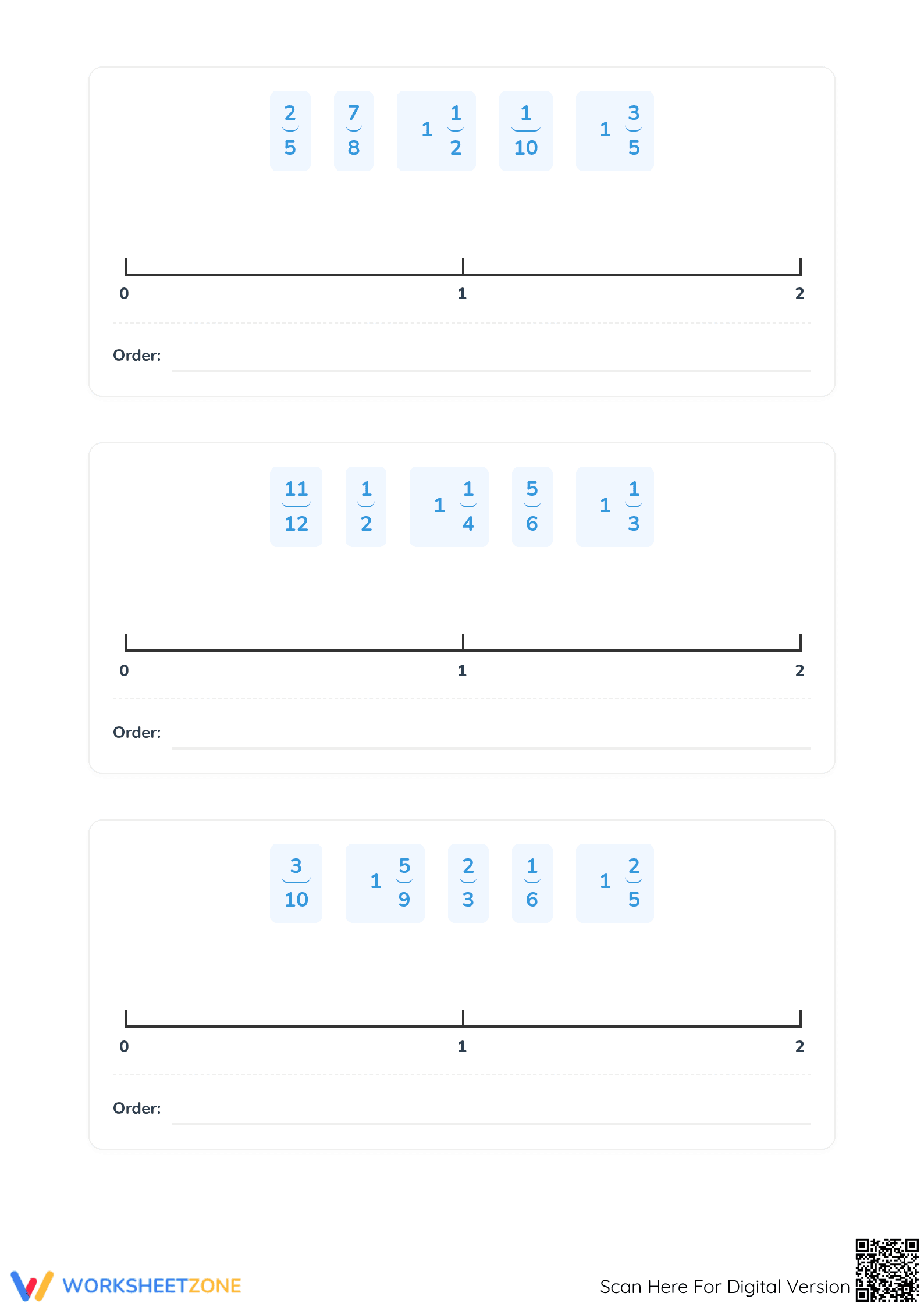 Printable Ordering Fractions on a Number Line Worksheet - Page 3