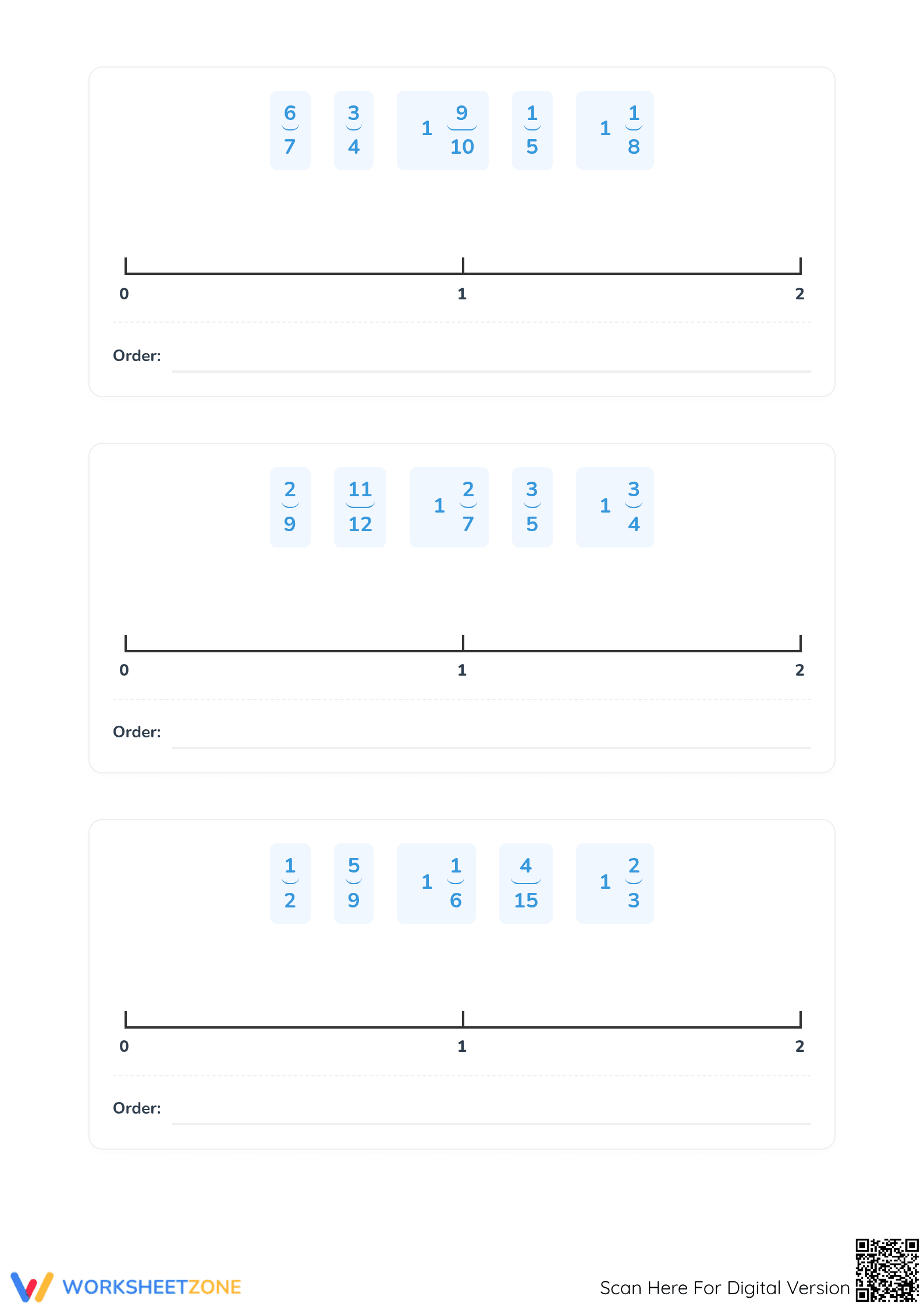 Printable Ordering Fractions on a Number Line Worksheet - Page 5