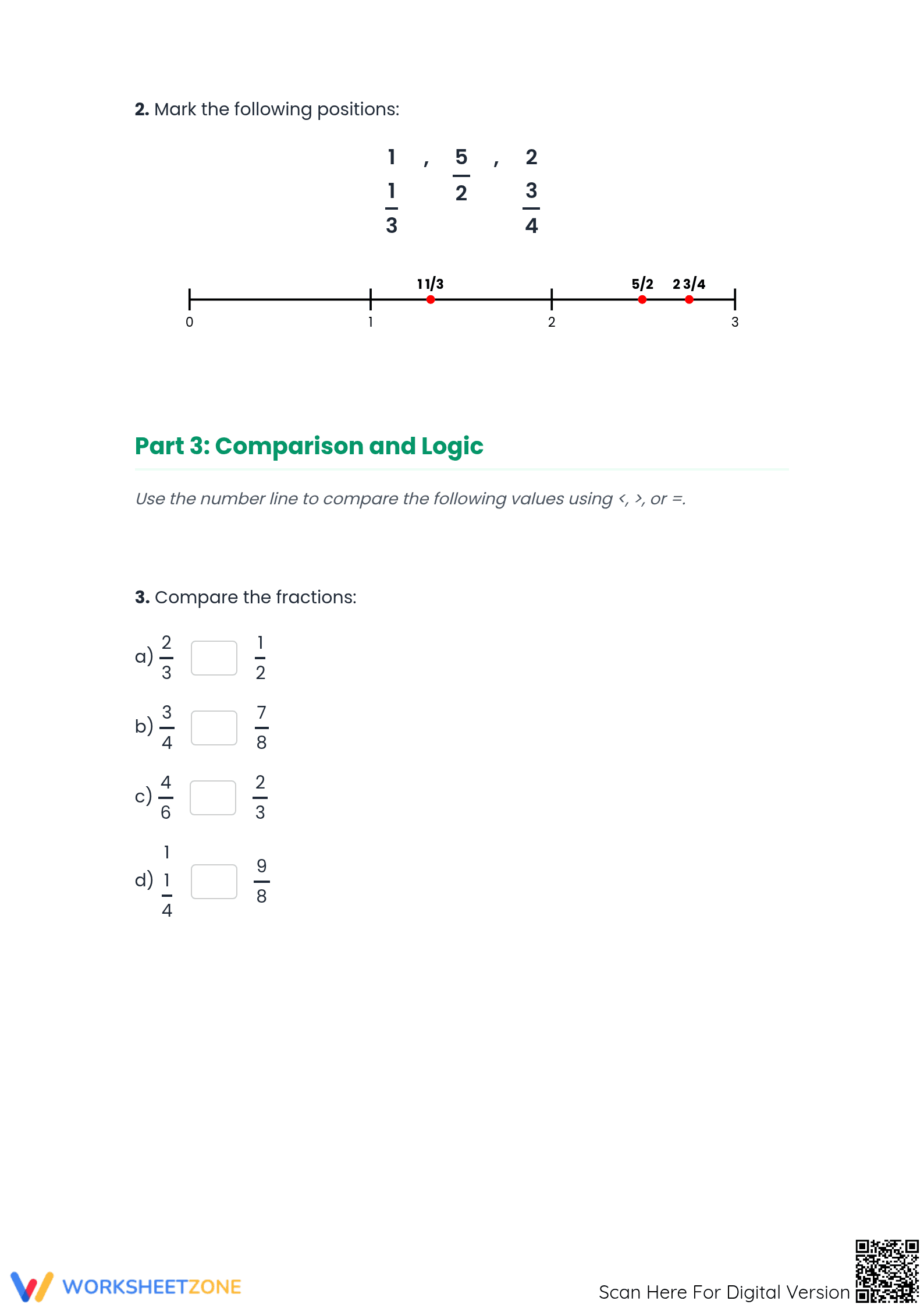 Ordering Fractions on a Number Line Printable Worksheet - Page 2