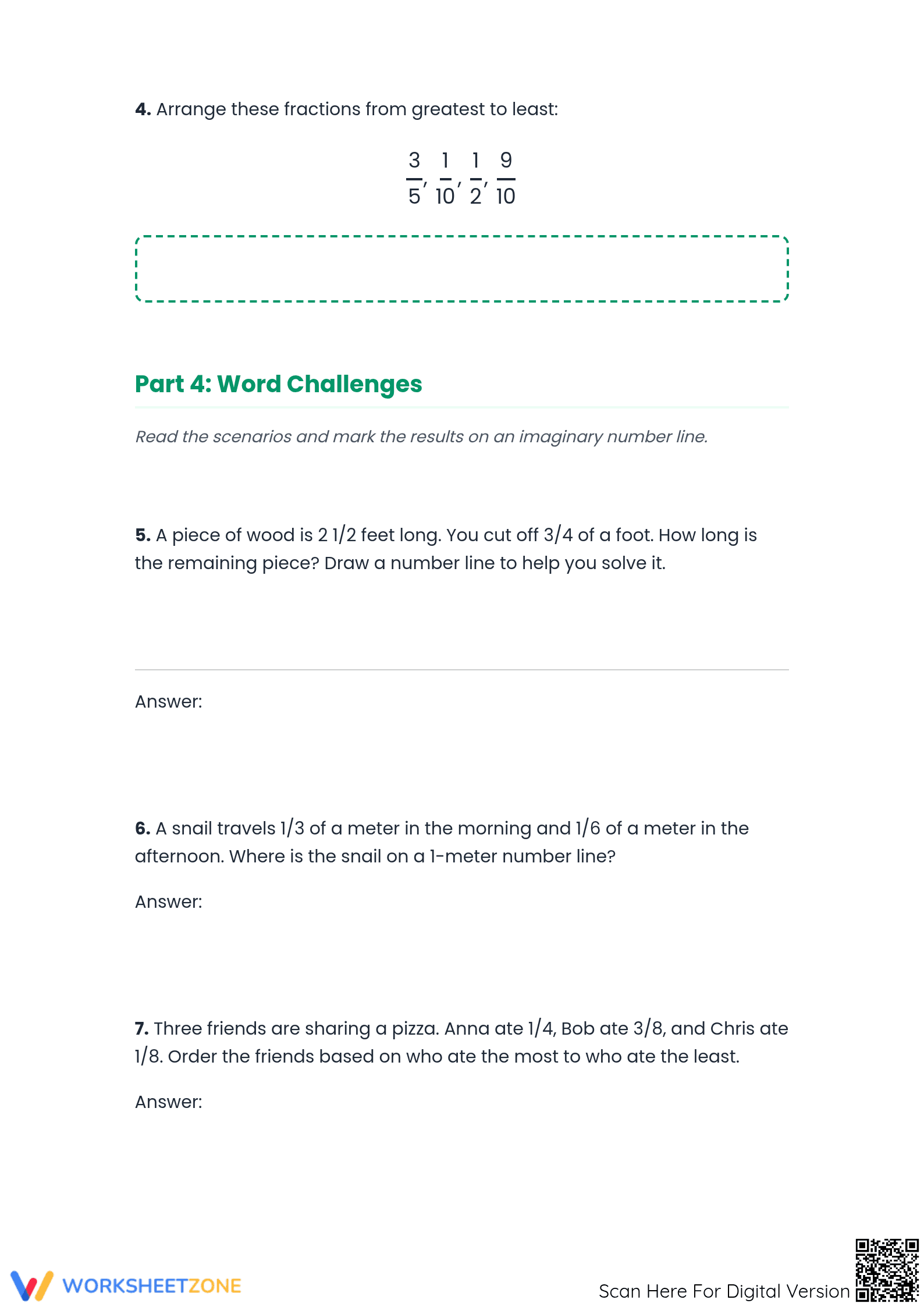 Ordering Fractions on a Number Line Printable Worksheet - Page 3