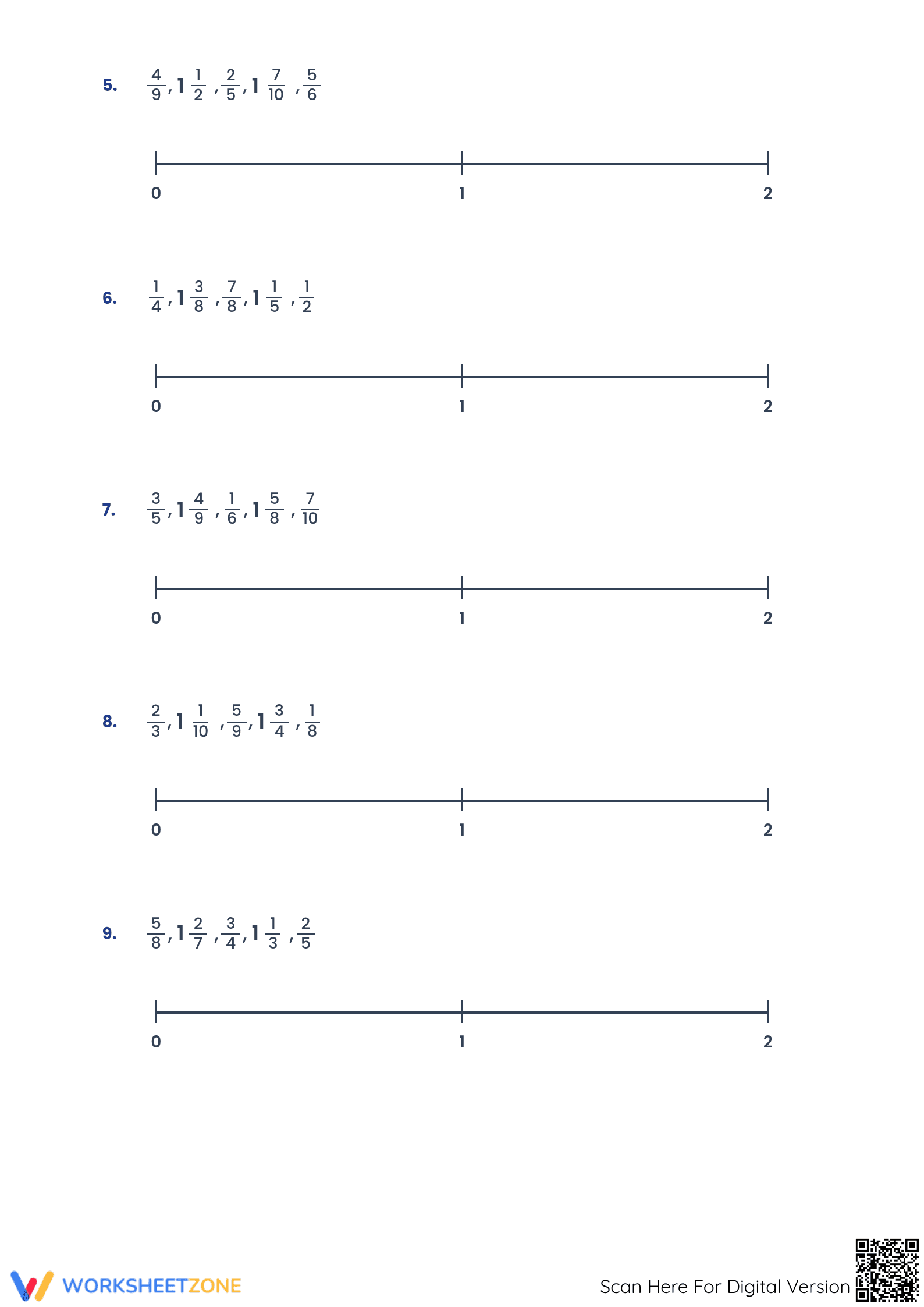 Ordering Fractions on a Number Line Printable Worksheet - Page 2