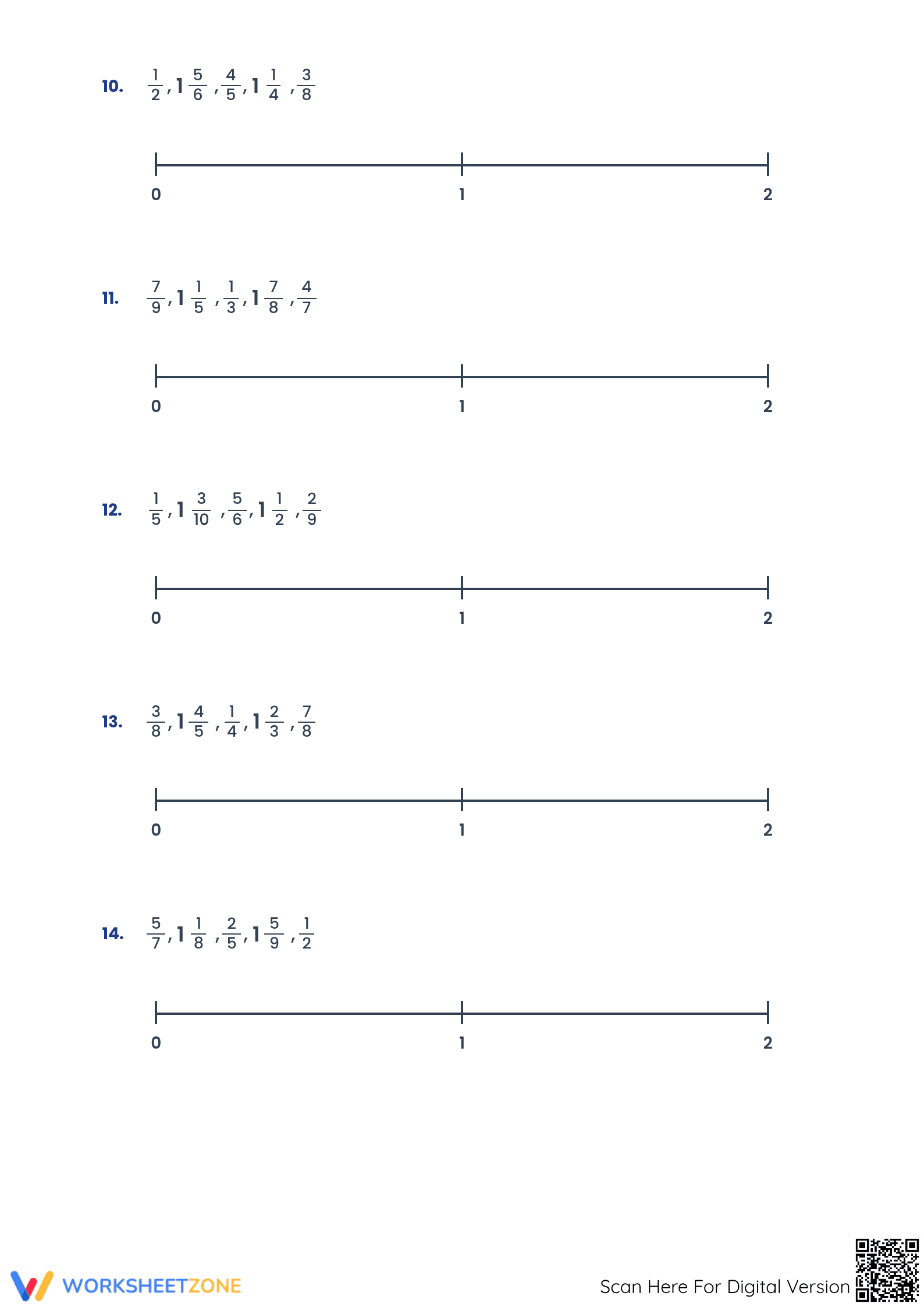 Ordering Fractions on a Number Line Printable Worksheet - Page 3