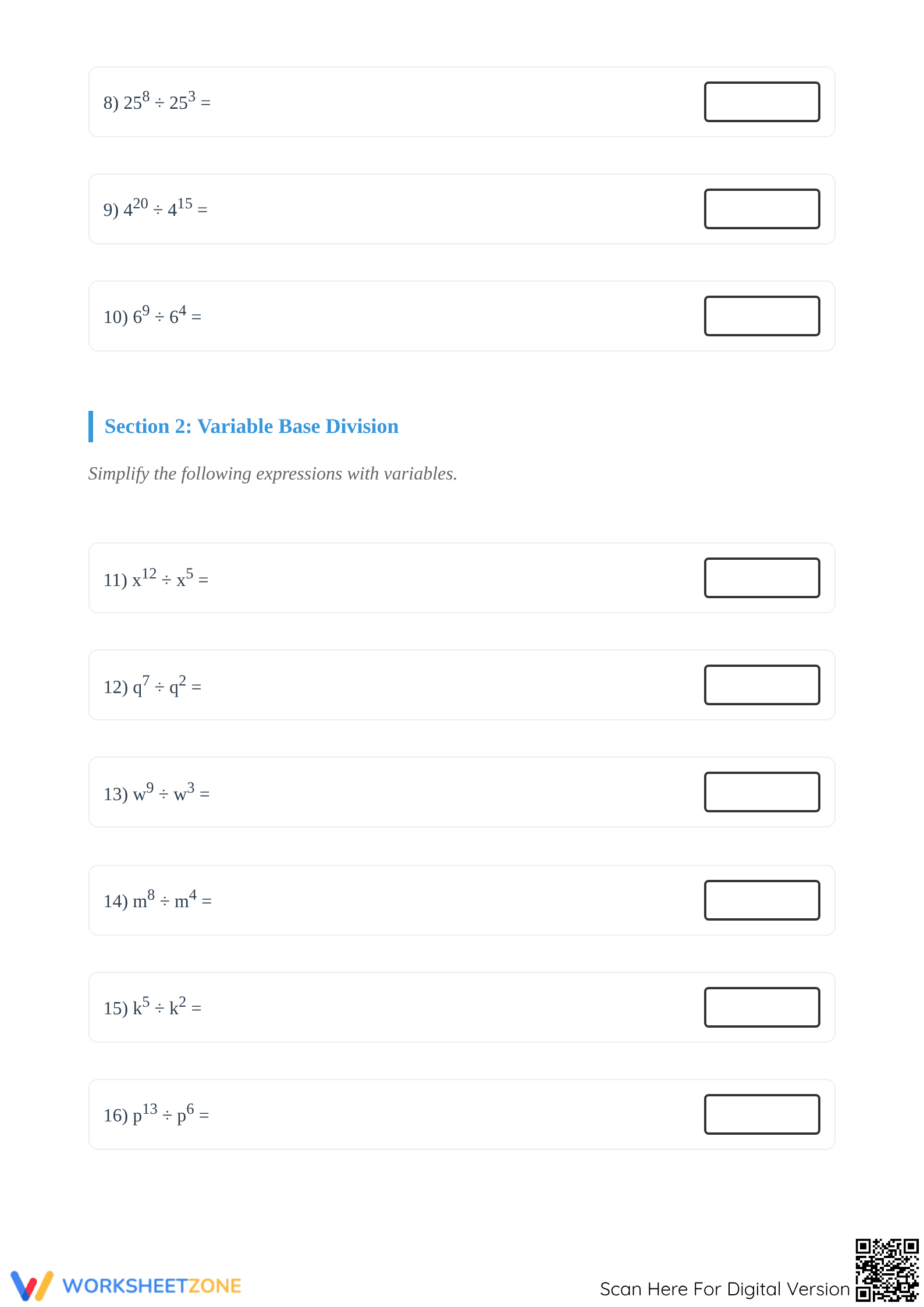 Printable Exponent Division Worksheet | Grades 6-8 Math - Page 2