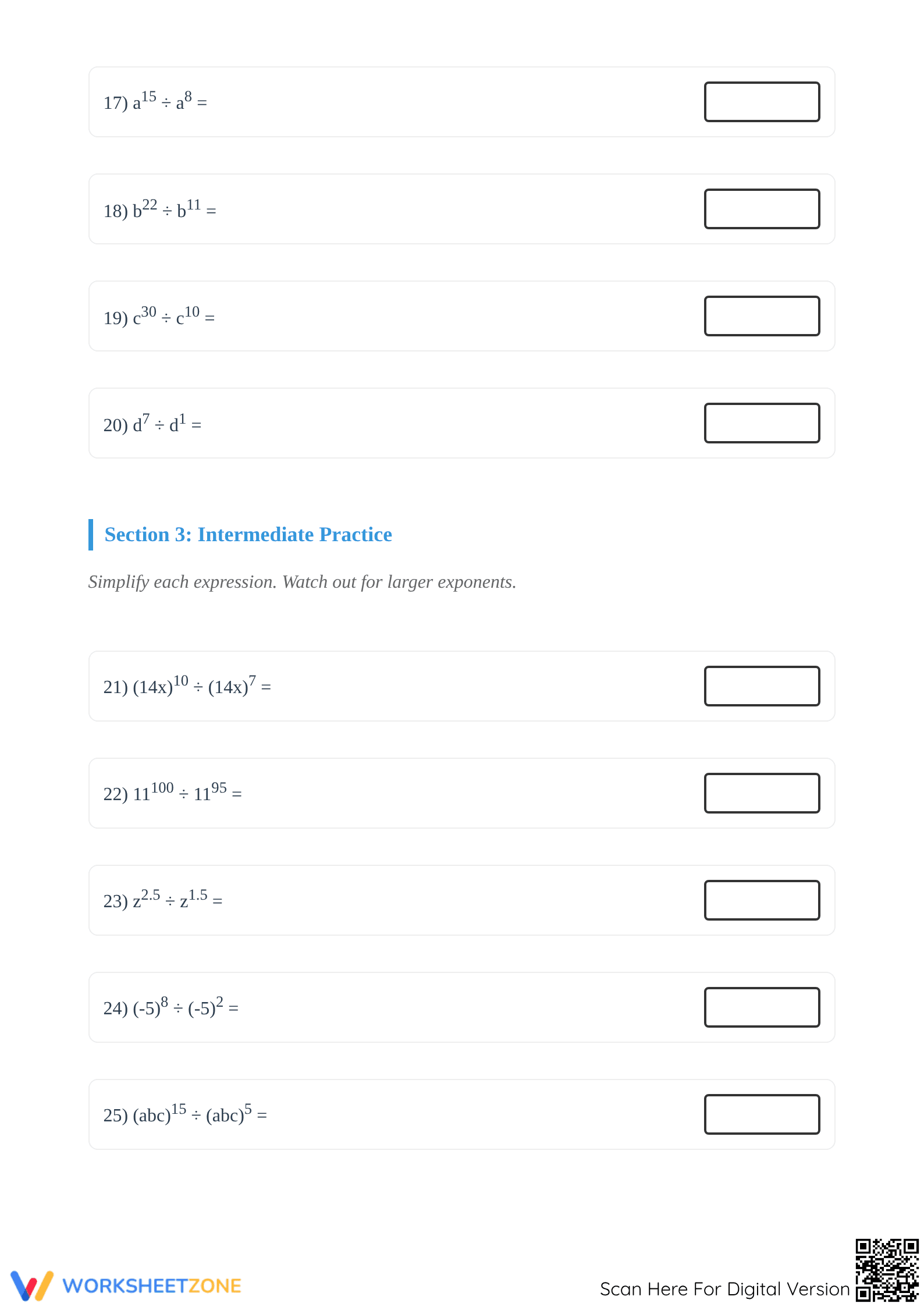 Printable Exponent Division Worksheet | Grades 6-8 Math - Page 3