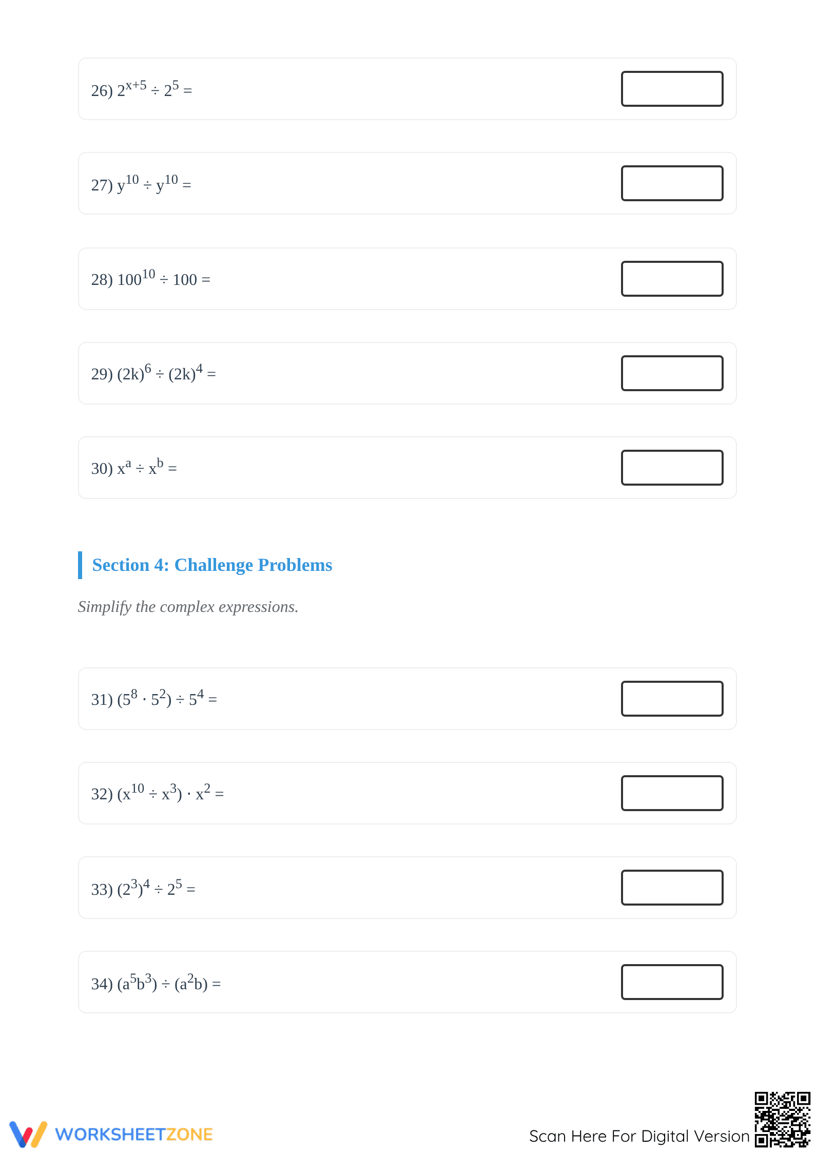 Printable Exponent Division Worksheet | Grades 6-8 Math - Page 4