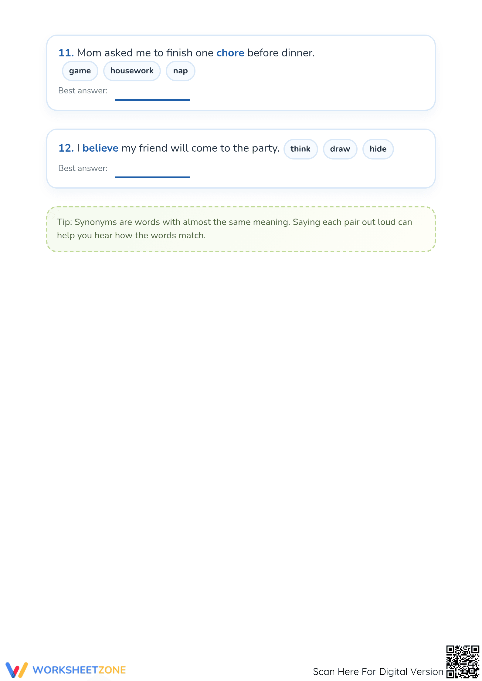 Grade 1 Synonyms — Ready-to-Print No-Prep Worksheet - Page 3