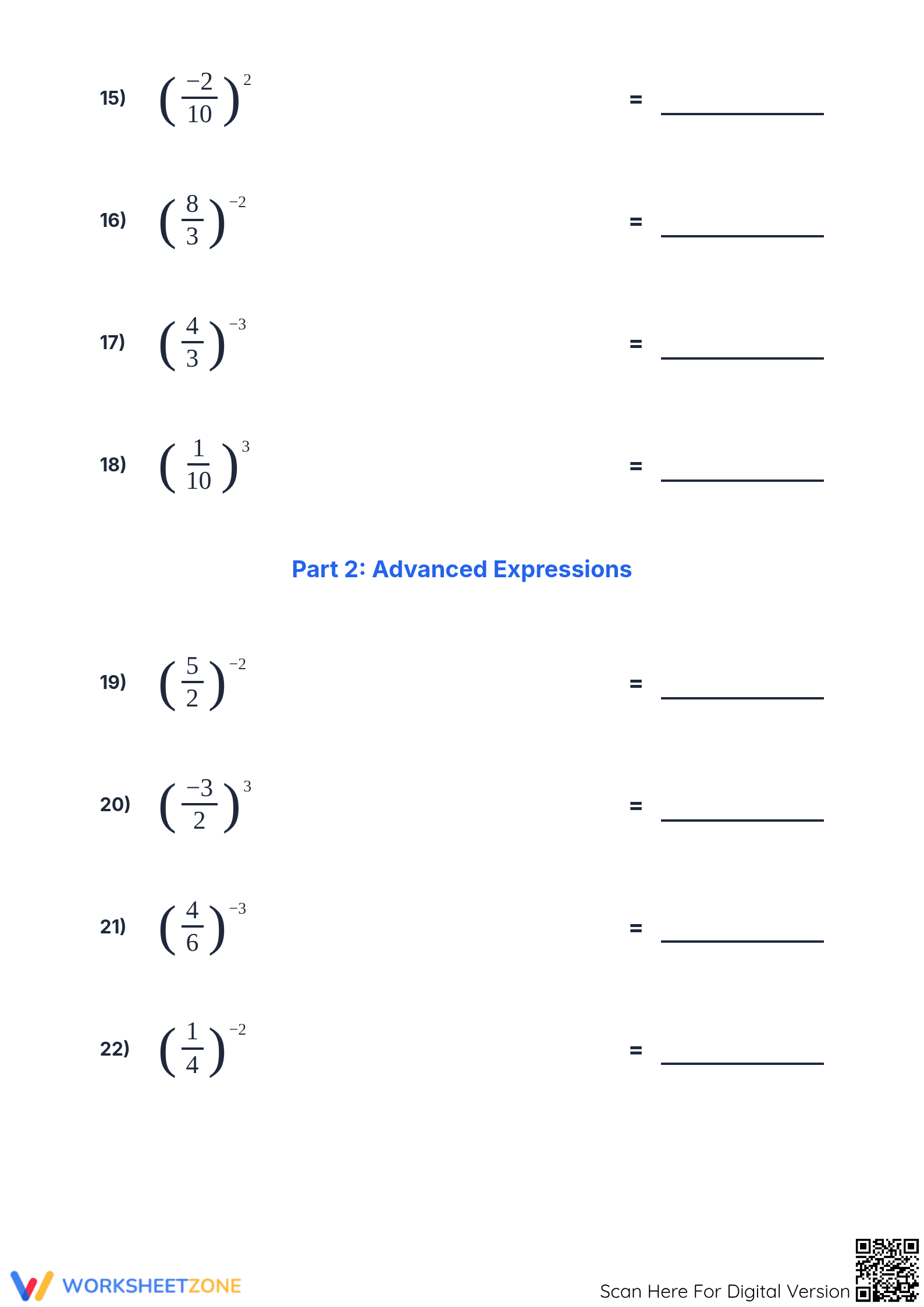 Essential Exponents & Fractions Worksheet | Grades 6-8 - Page 3