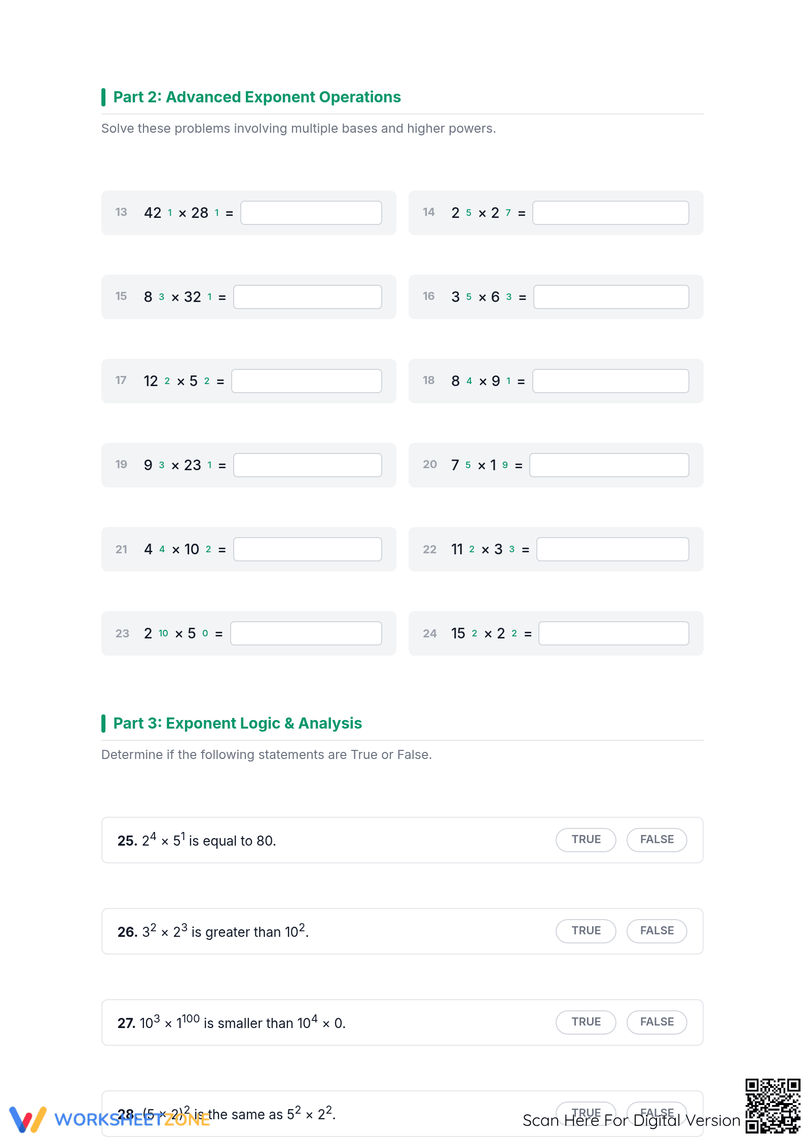 Printable Exponent Multiplication & Evaluation Worksheet - Page 2