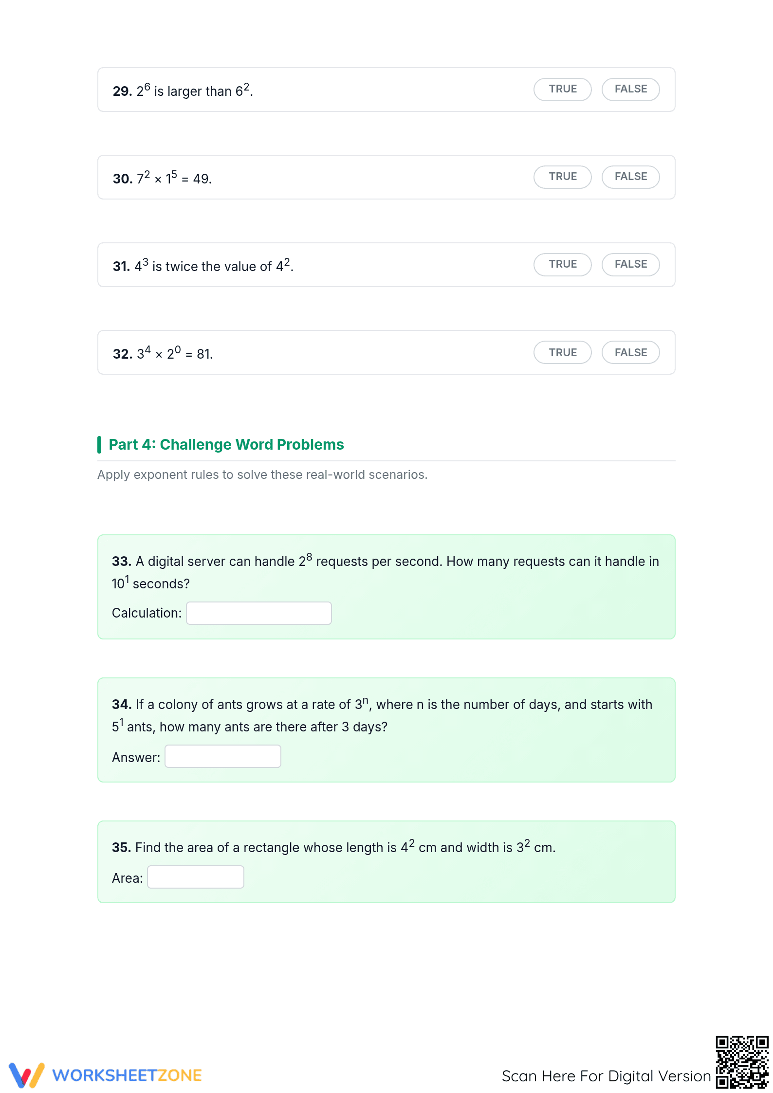 Printable Exponent Multiplication & Evaluation Worksheet - Page 3