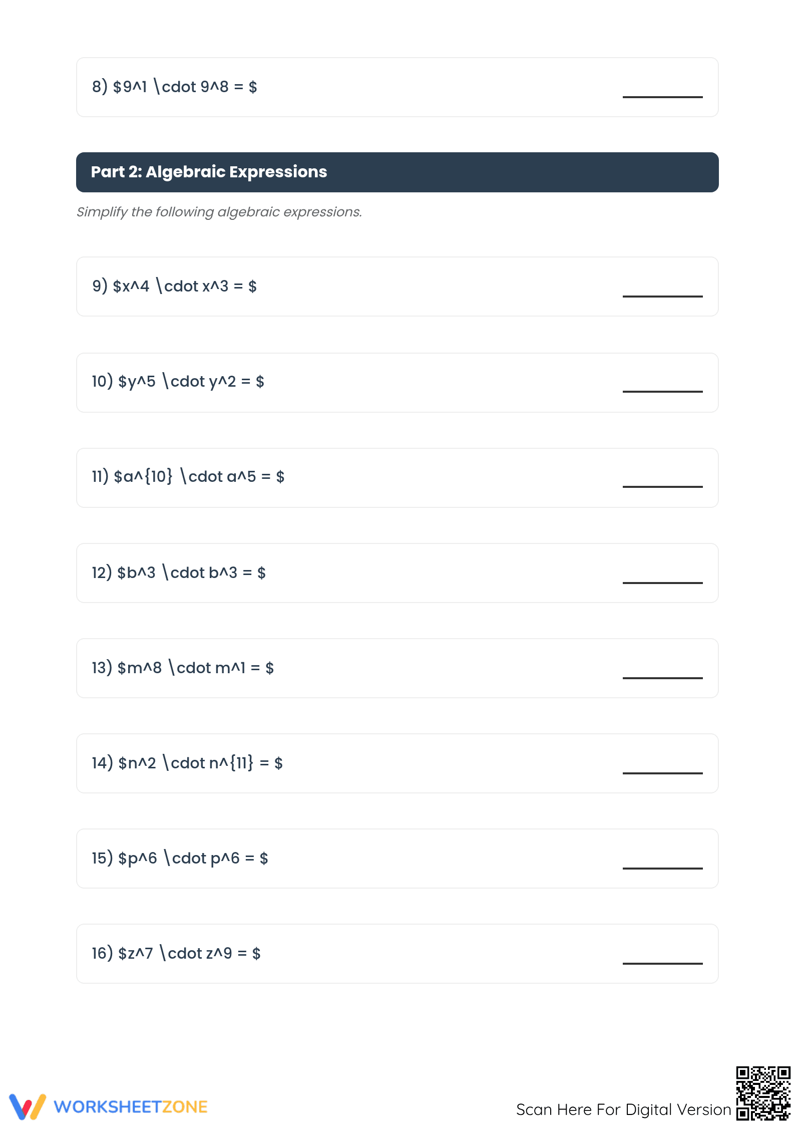 Printable Exponent Multiplication Worksheet | Grade 8 Math - Page 2