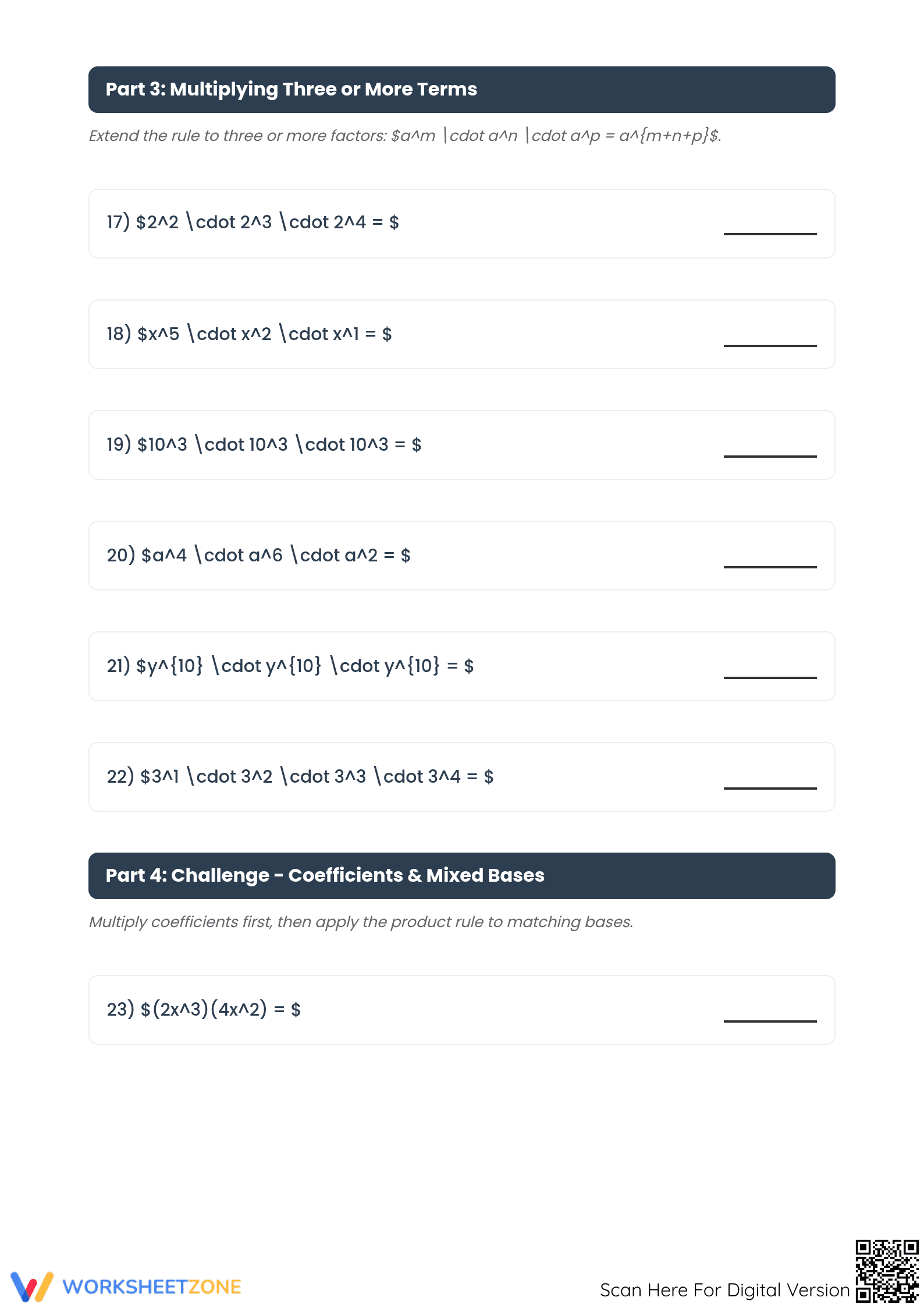 Printable Exponent Multiplication Worksheet | Grade 8 Math - Page 3