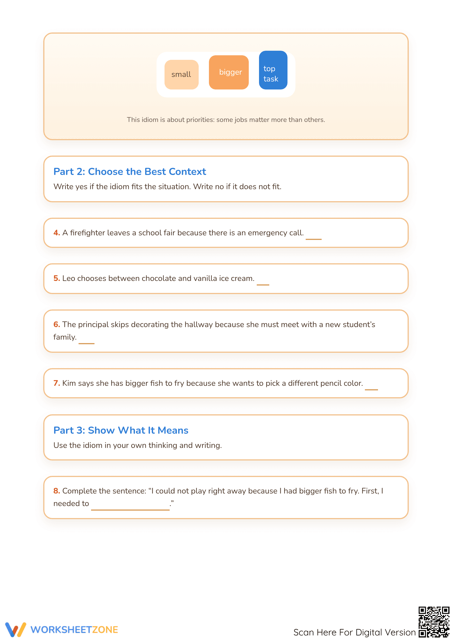 Bigger Fish to Fry Idiom Worksheet | Essential Grade 3-6 - Page 2