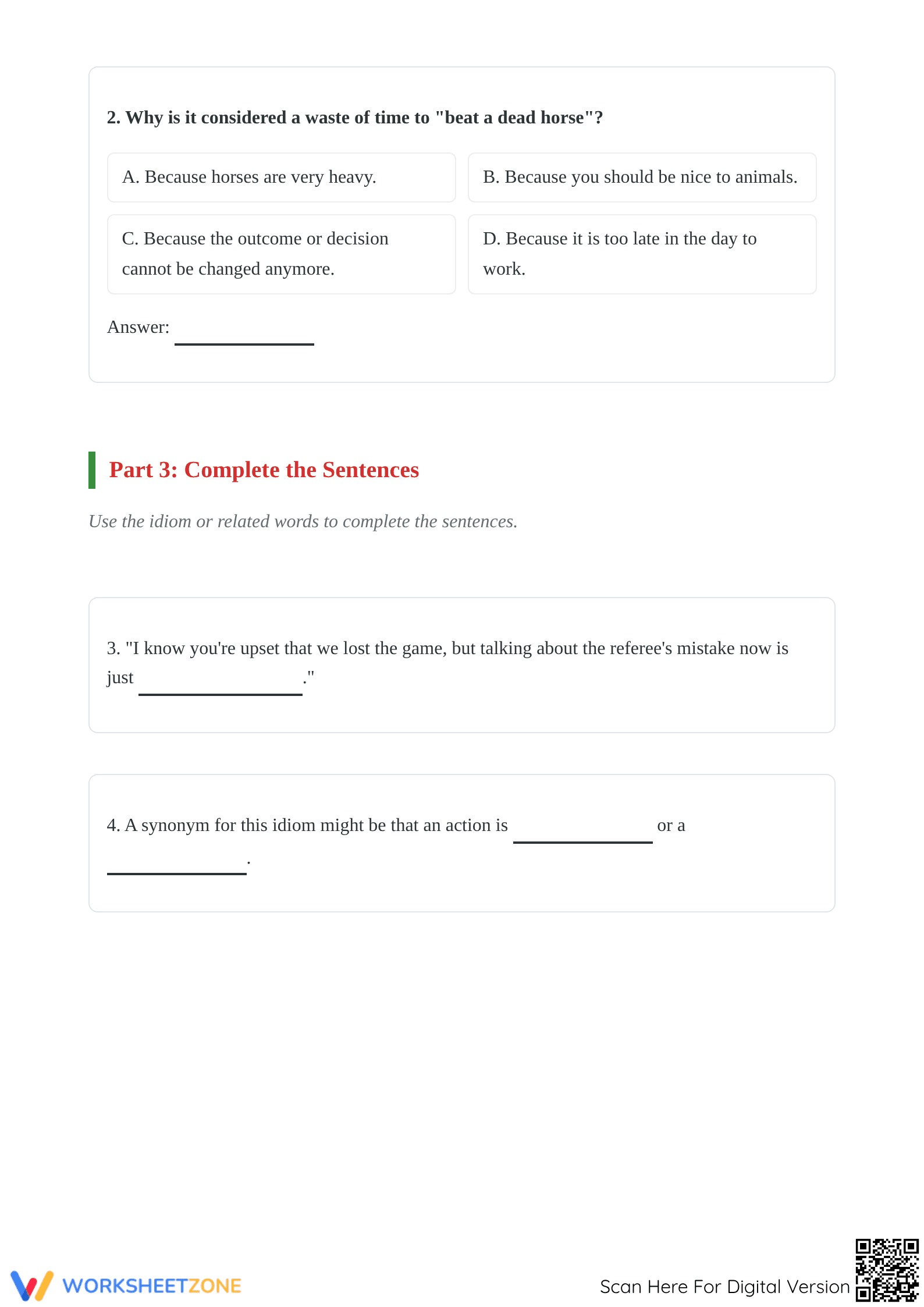 Printable Idiom Worksheet: Dead Horse | Grade 4 ELA - Page 3