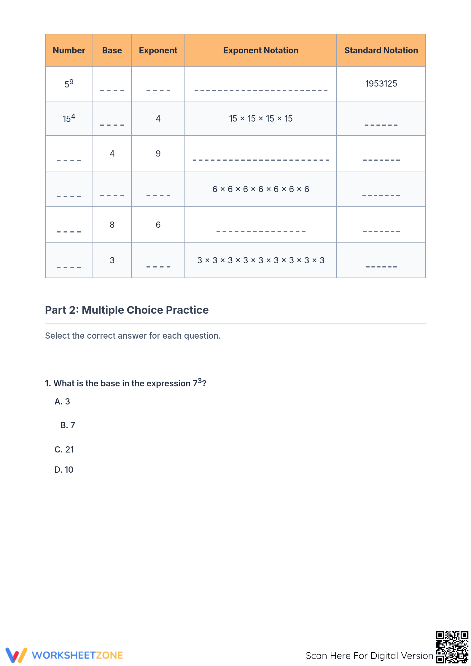 Printable Exponents & Standard Notation Worksheet | Grade 6 - Page 2