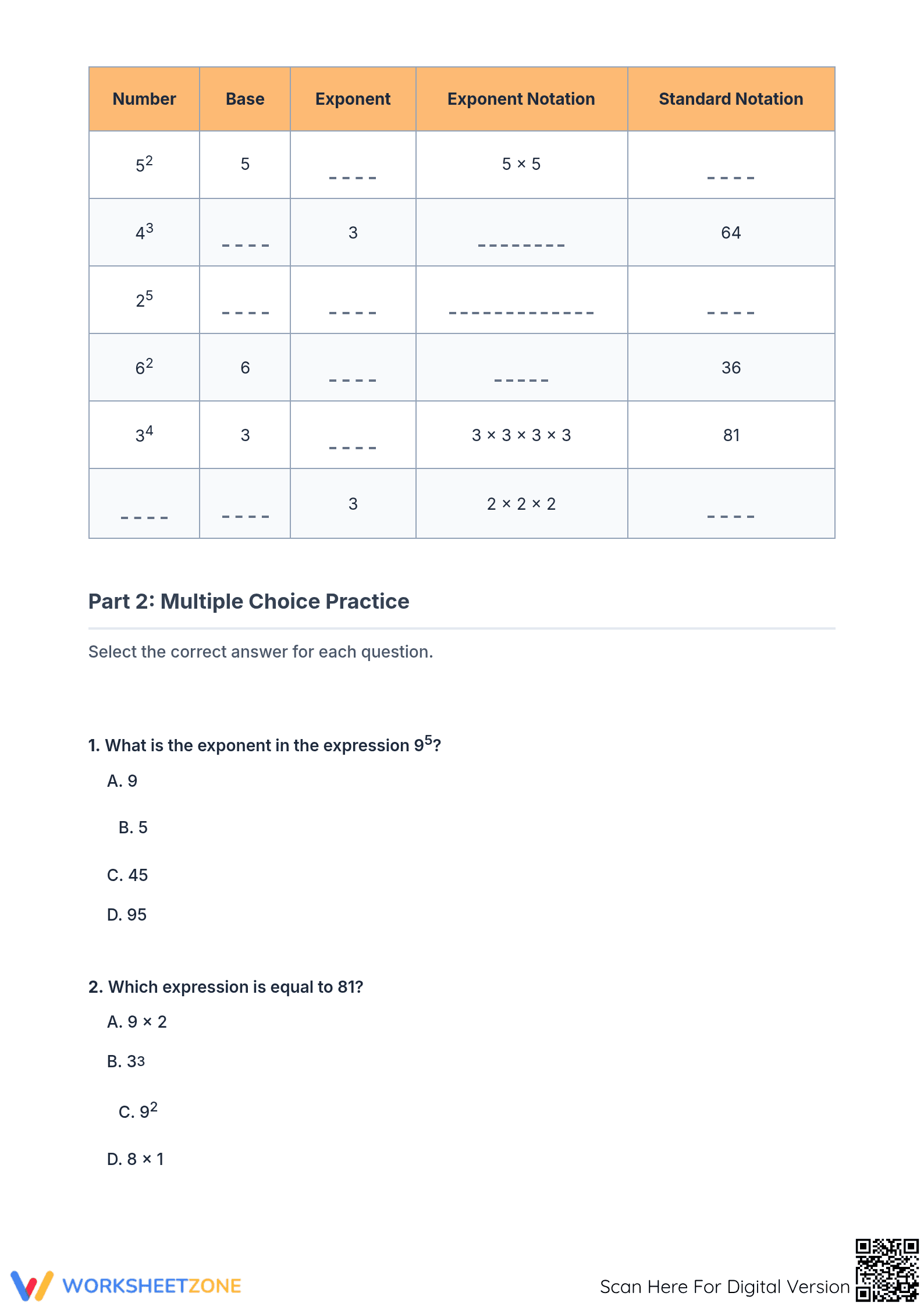 Essential Exponents Standard Notation Worksheet - Grade 6-8 - Page 2