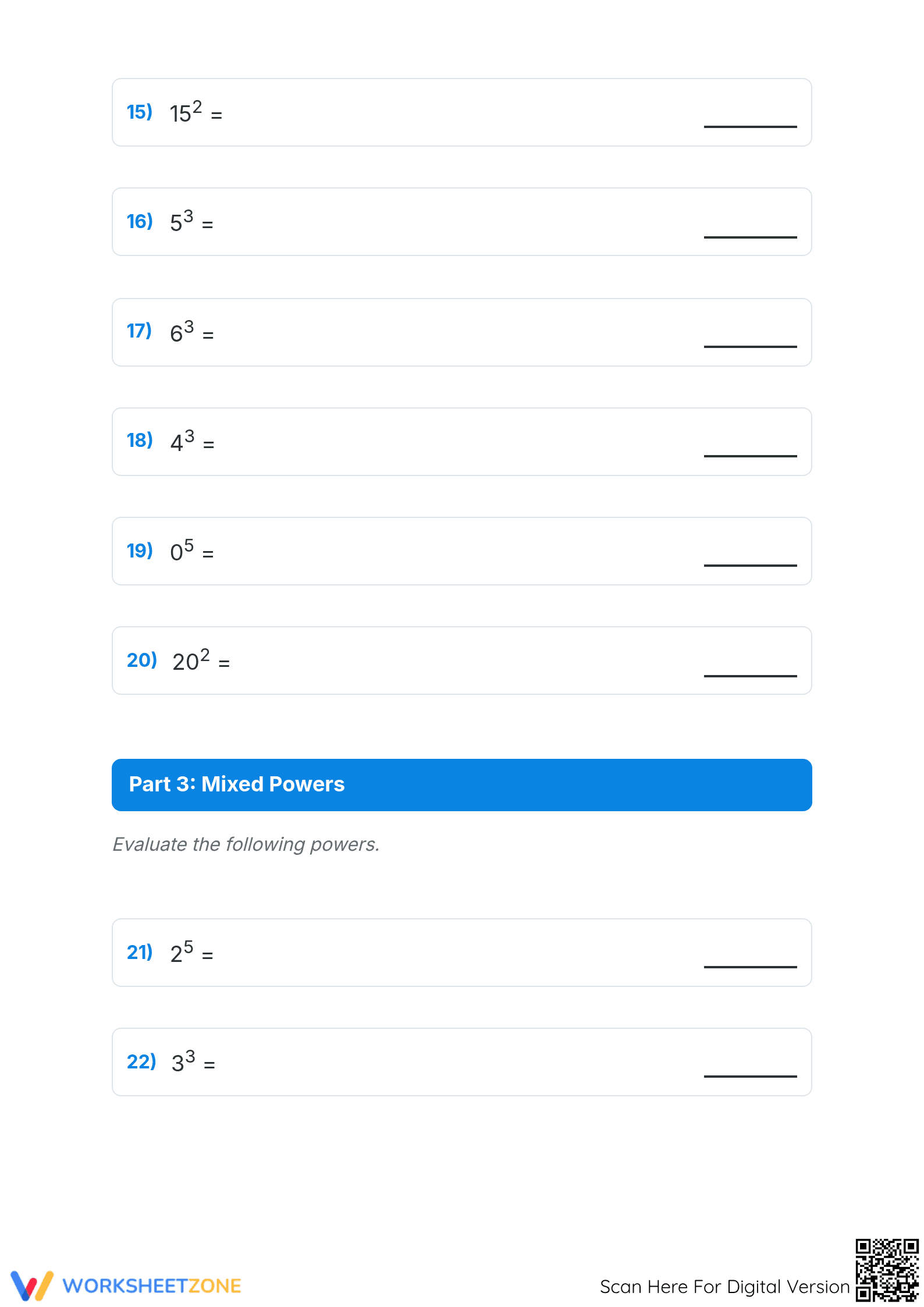 Evaluate Exponents Worksheet | Grade 6-8 Printable Math - Page 3