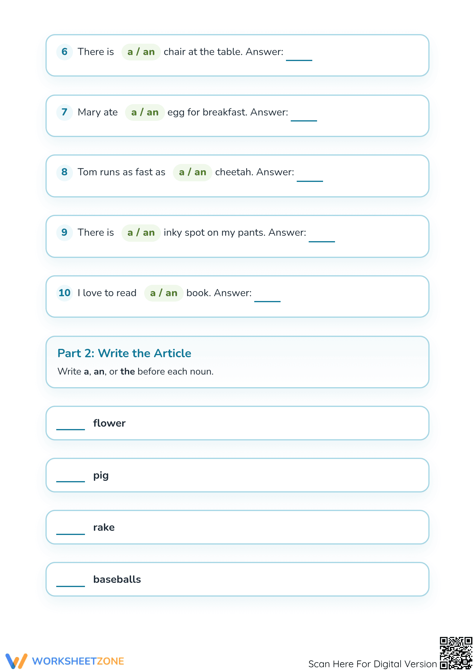 Essential Grade 1 Articles Worksheet: a, an, the - Page 2