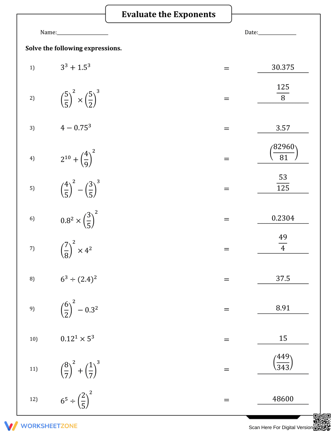 Exponents with Decimals and Fractions Worksheet - Page 2