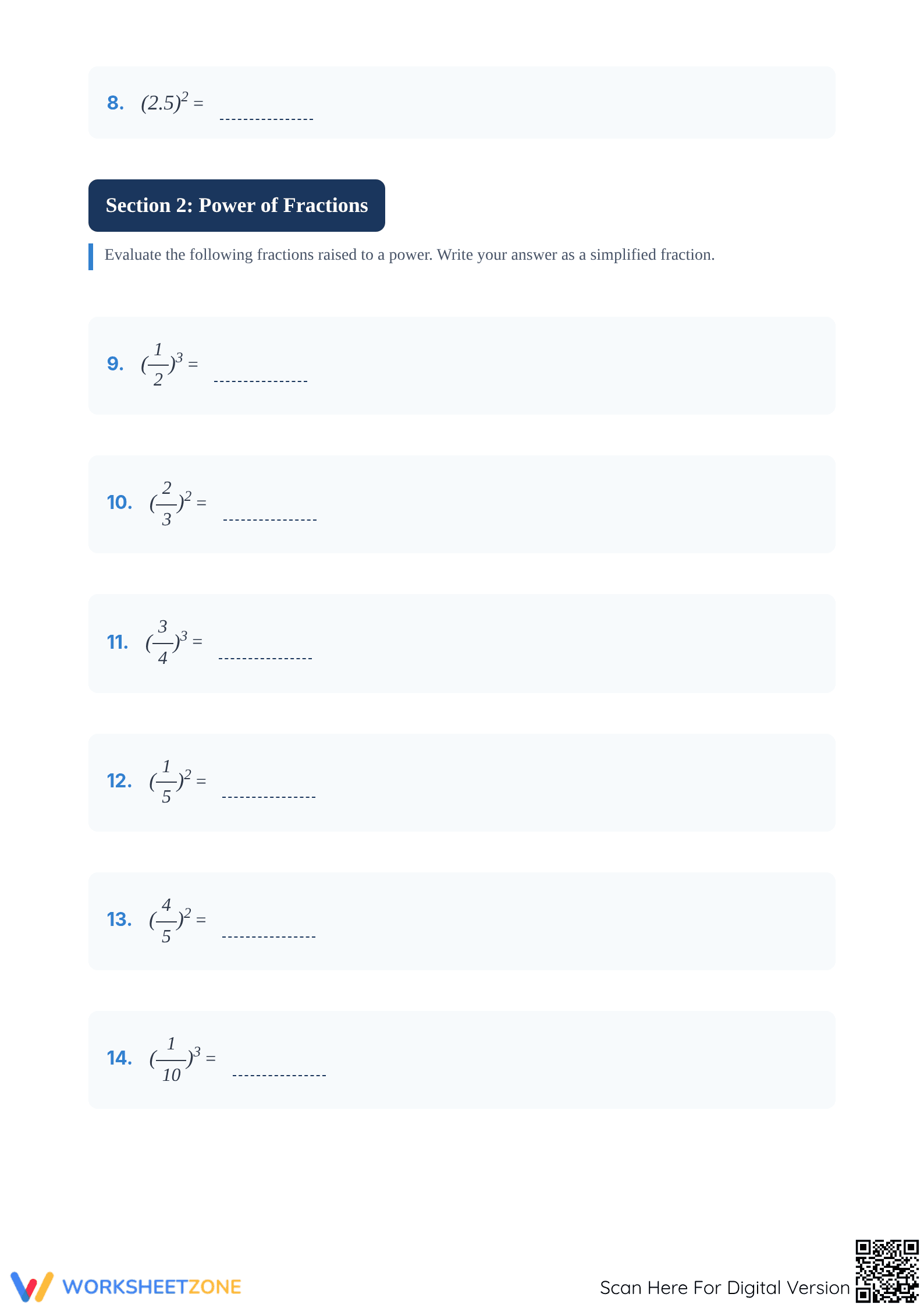 Printable Exponents with Decimal and Fractions | Grade 6-8 - Page 2