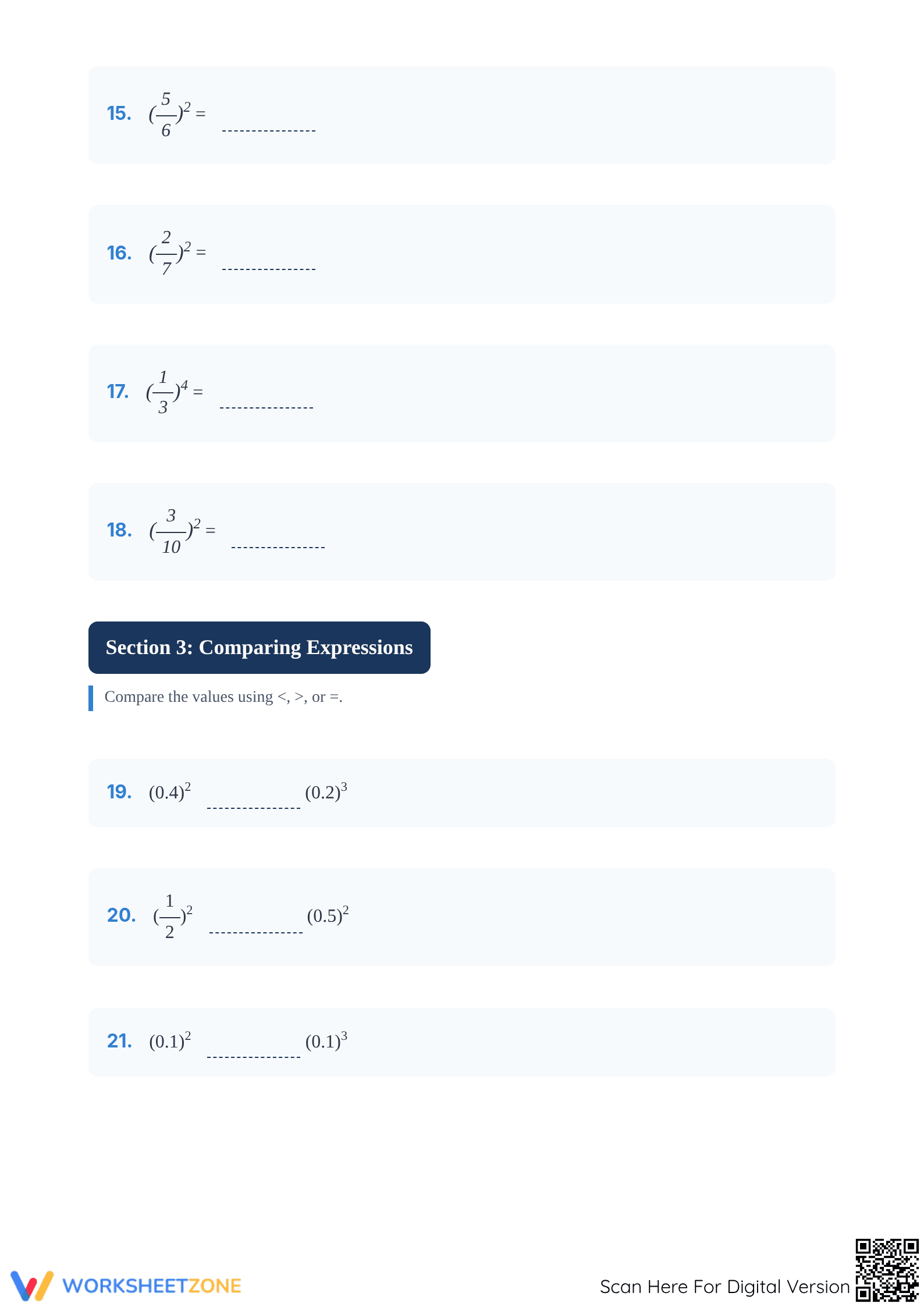 Printable Exponents with Decimal and Fractions | Grade 6-8 - Page 3